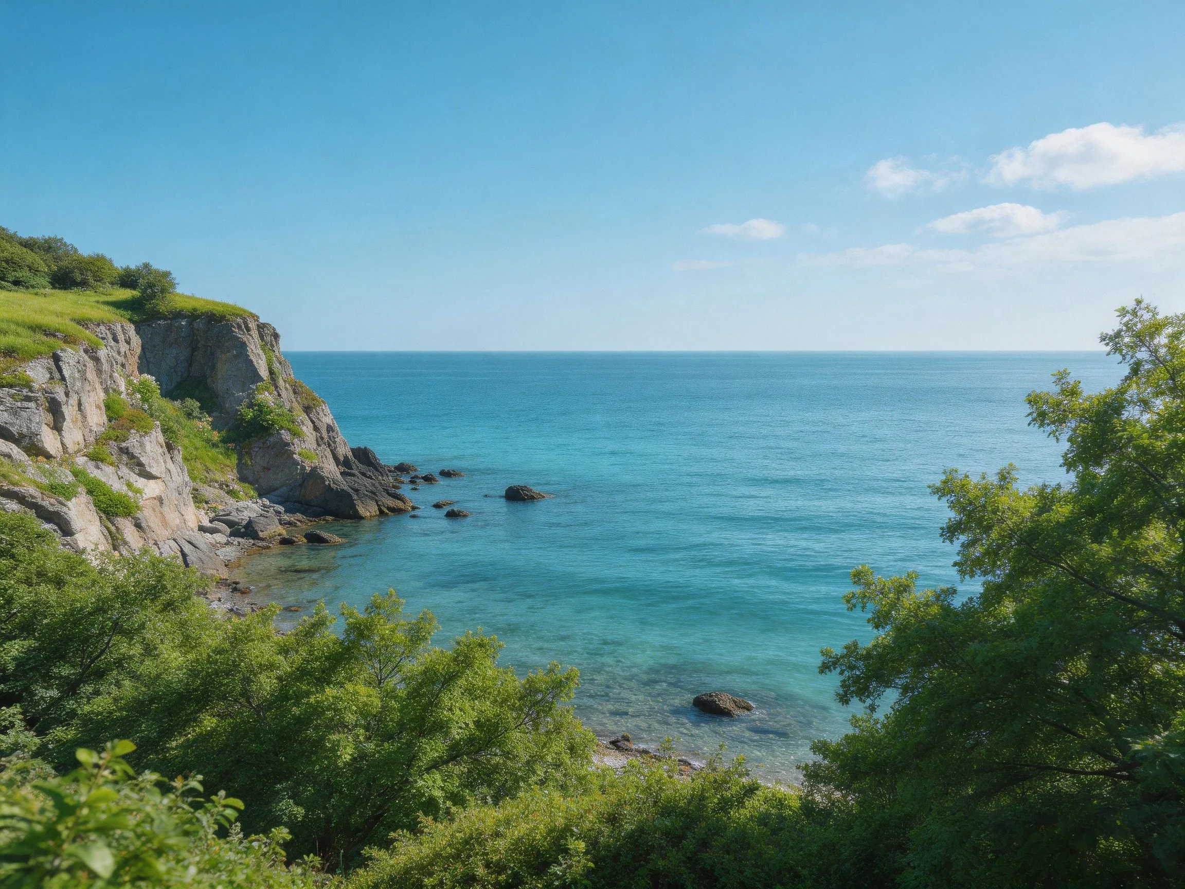 Rocky Cliff Overlooking Turquoise Ocean with Lush Vegetation