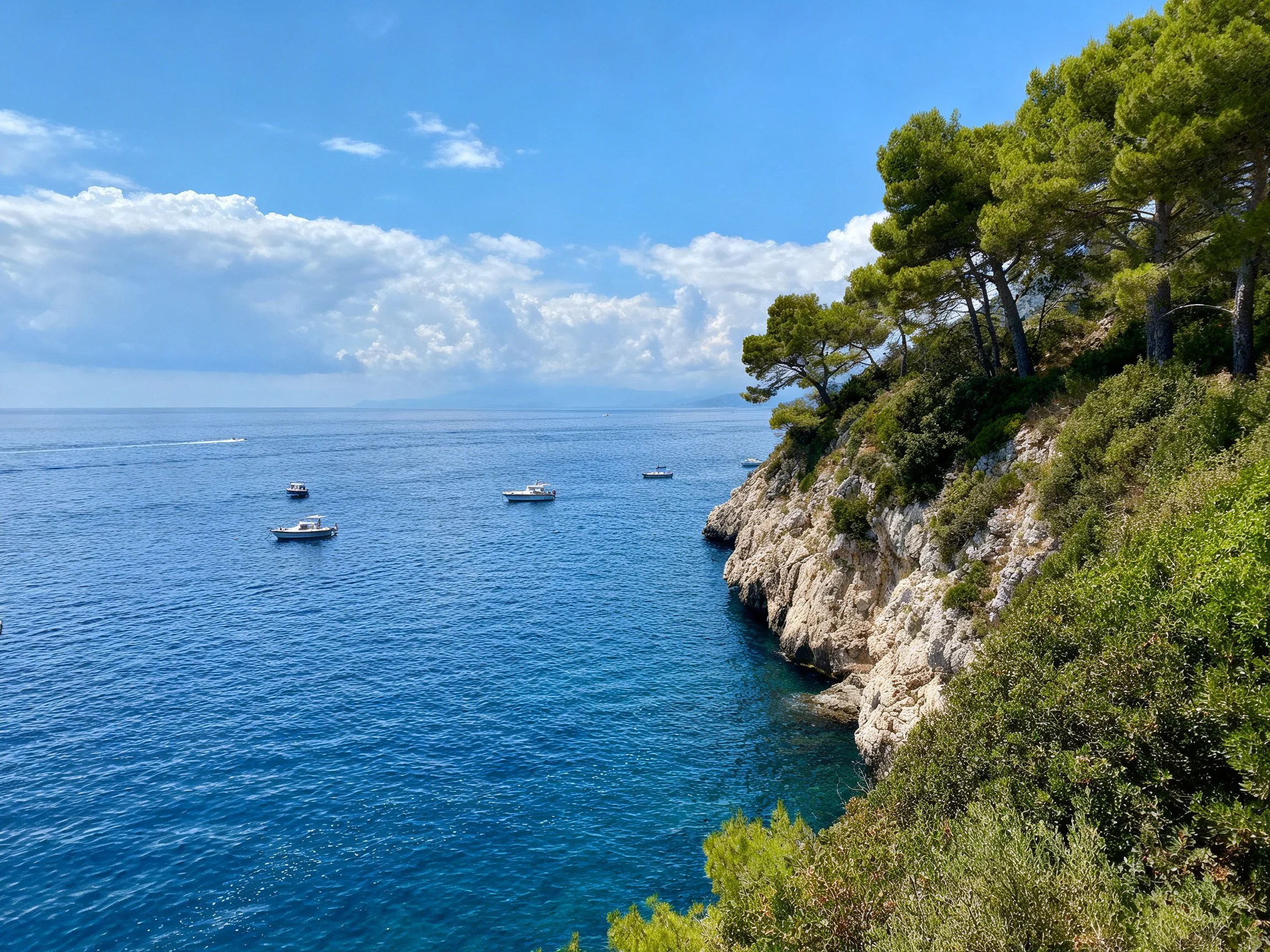 Rocky Cliffside Overlooking Deep Blue Sea with Boats