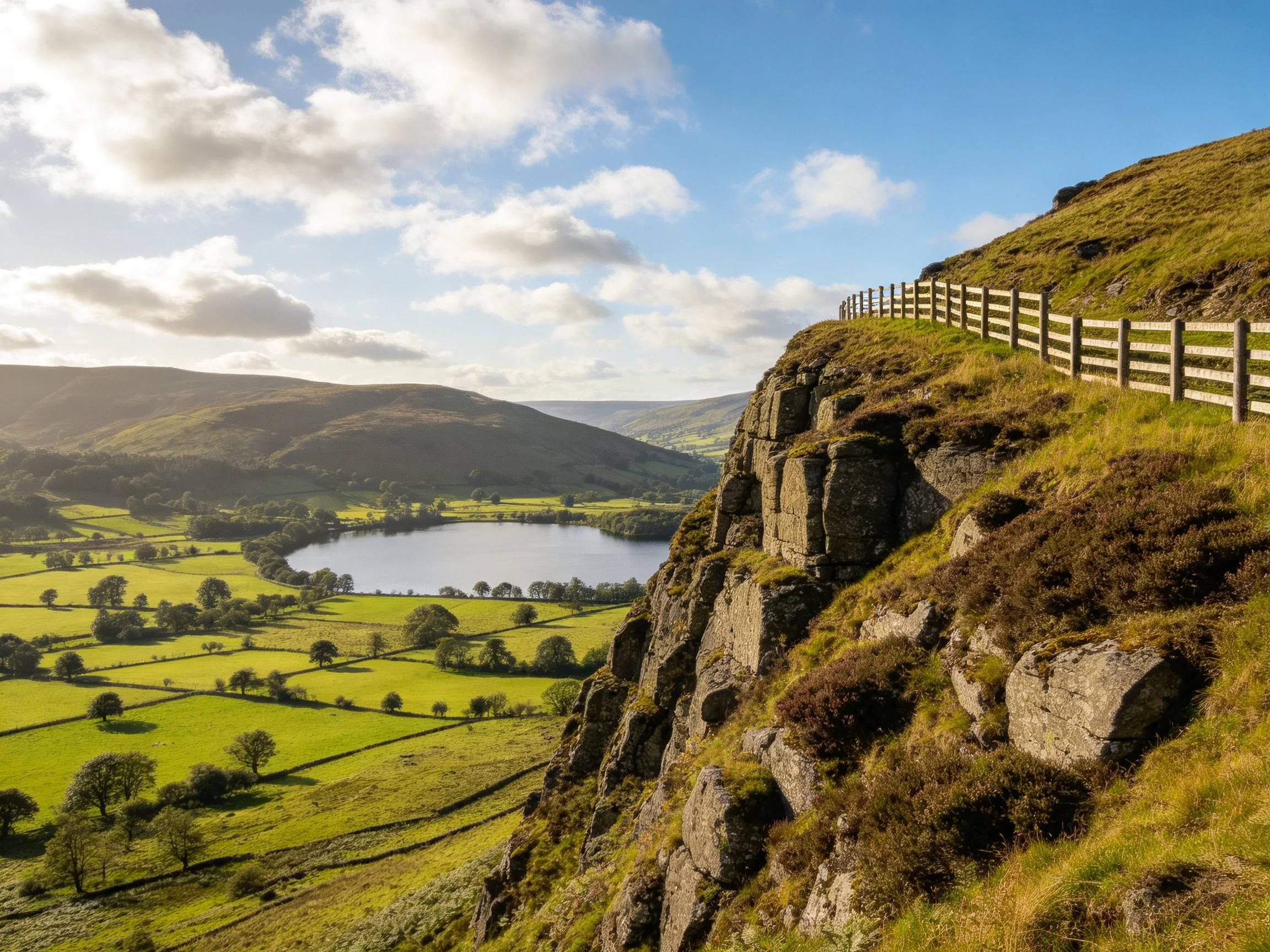 Rocky Cliffside with Wooden Fence Overlooking Lush Green Fields and Lake