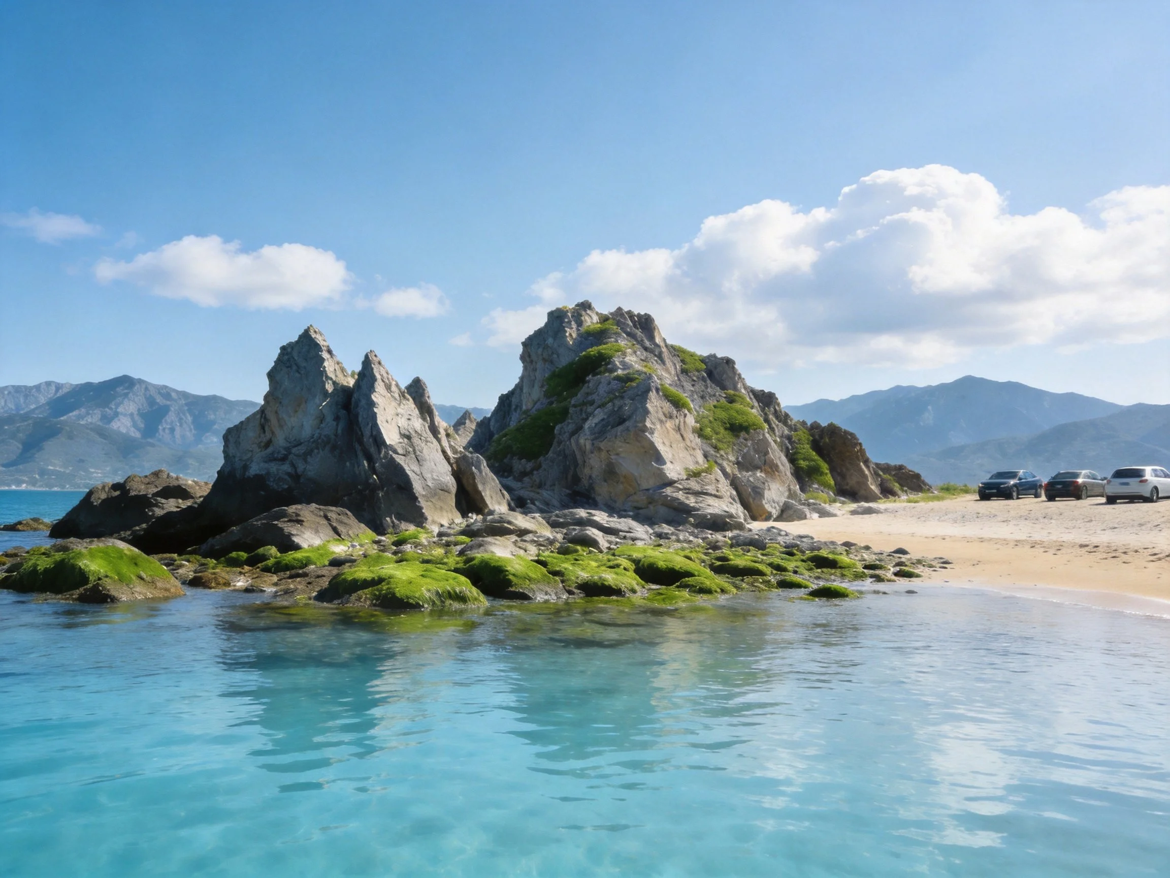 Rocky Coastal Rocks with Moss and Sandy Shore