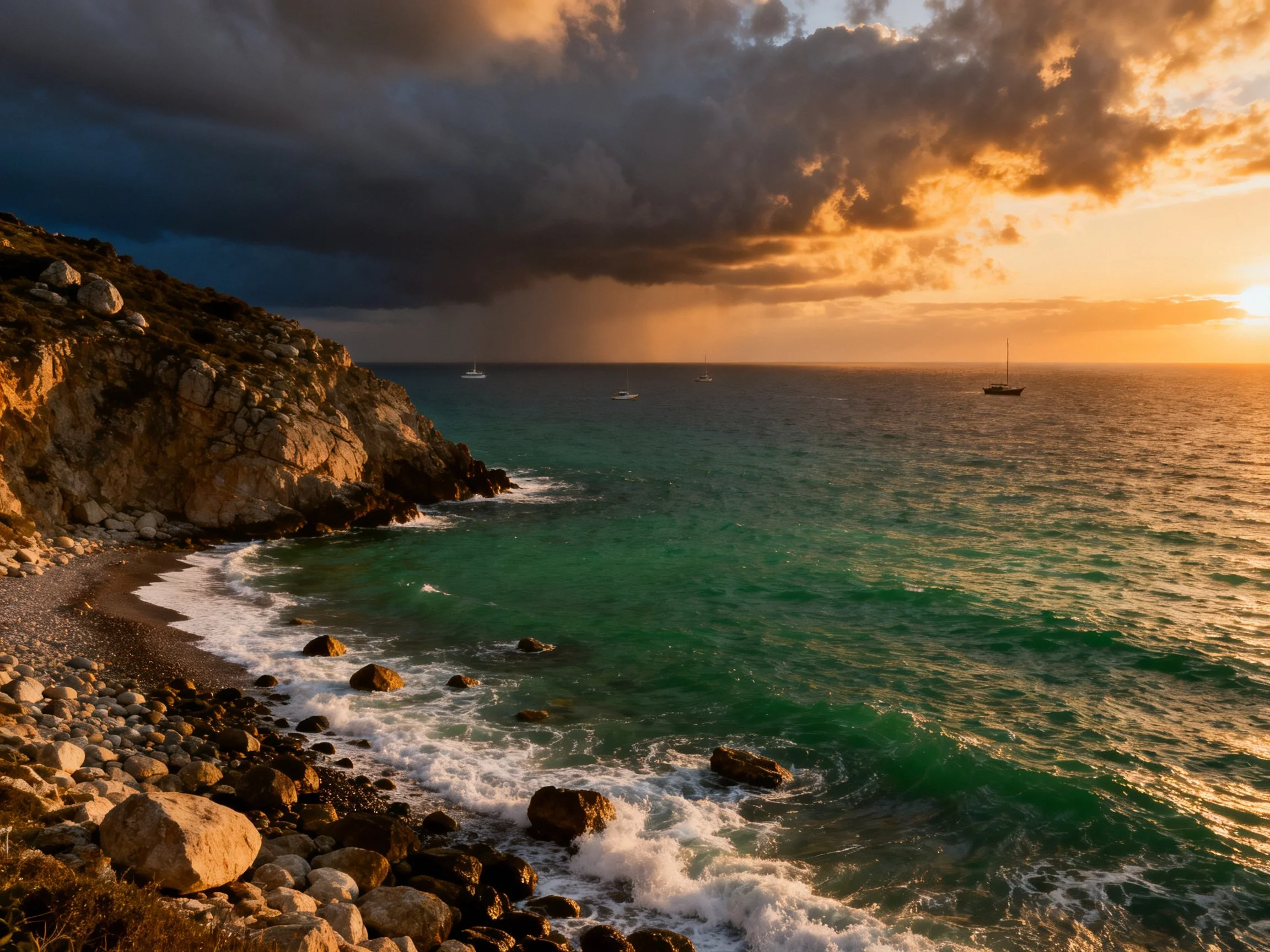 Rocky Coastal Shore with Turquoise Waters and Dramatic Skies