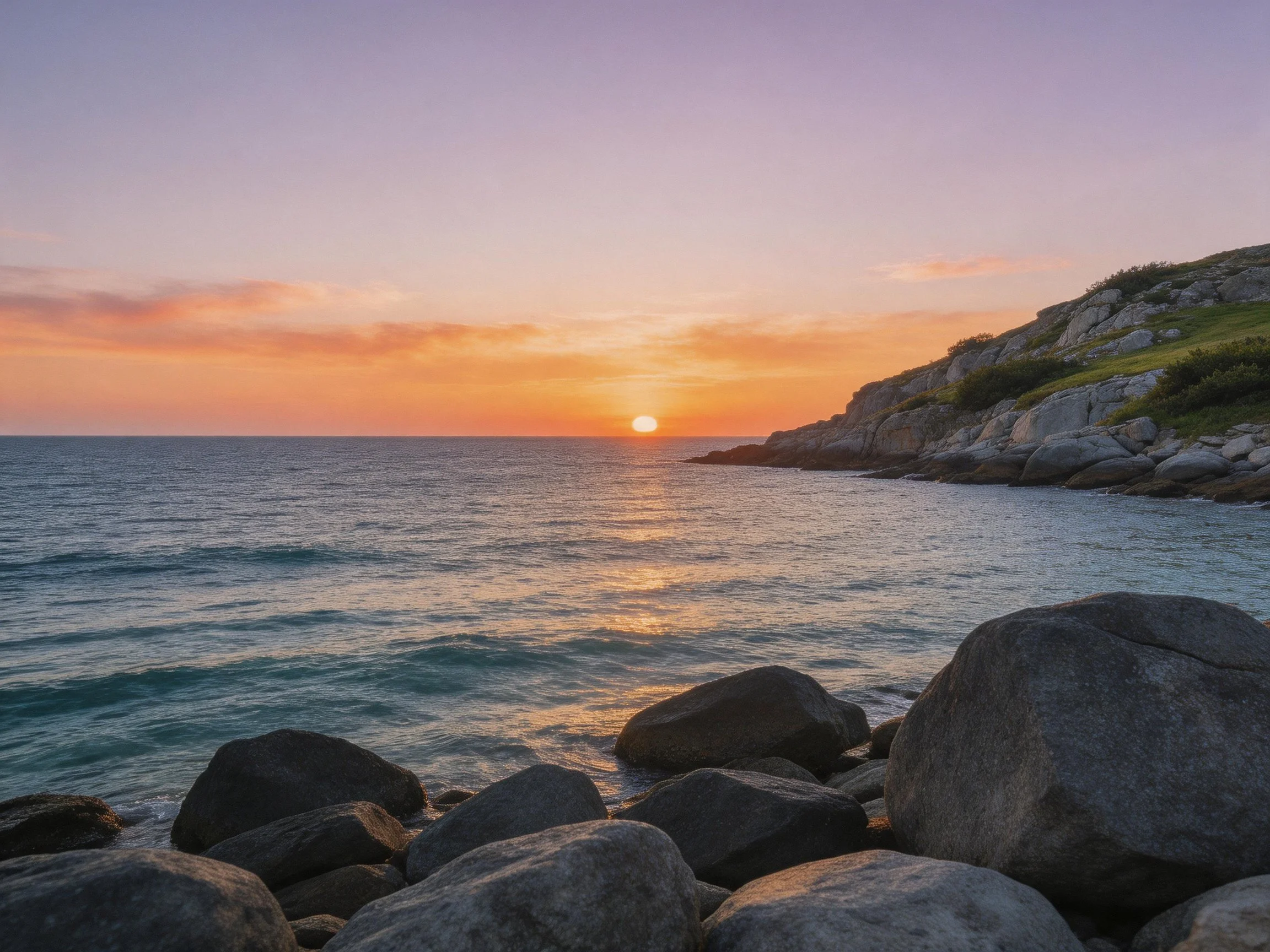 Rocky Coastal Sunset with Turquoise Waters and Orange Sky