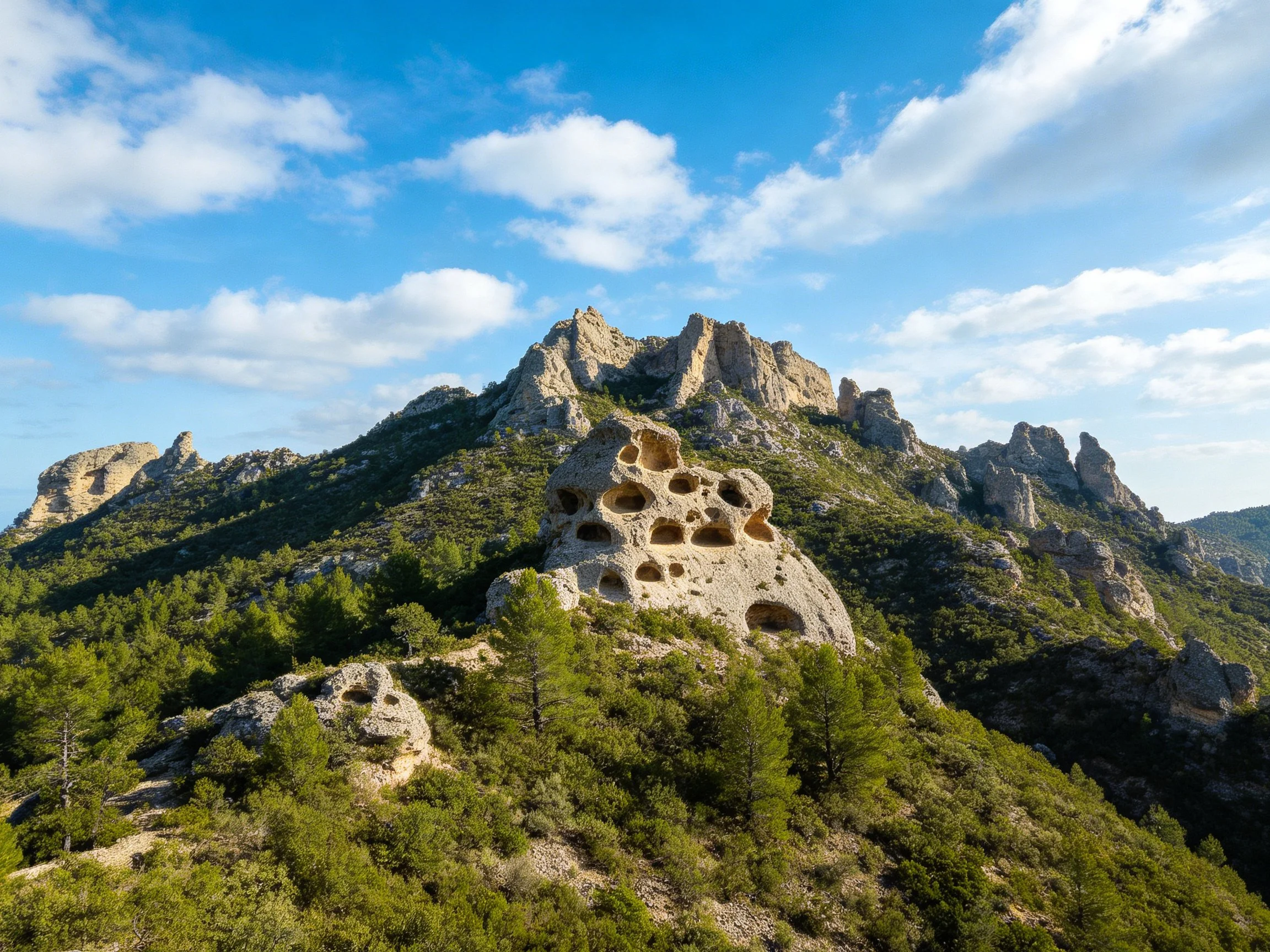 Rocky Mountain Peaks with Hollowed Rock Formations and Lush Forests