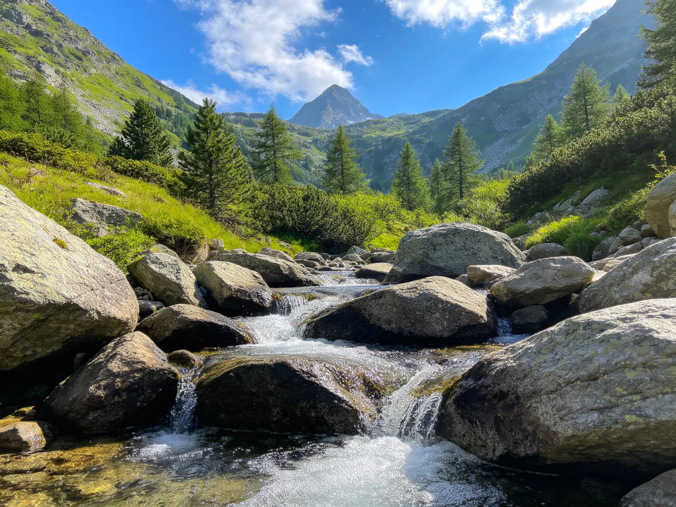 Rocky Mountain Stream Among Boulders and Verdant Peaks