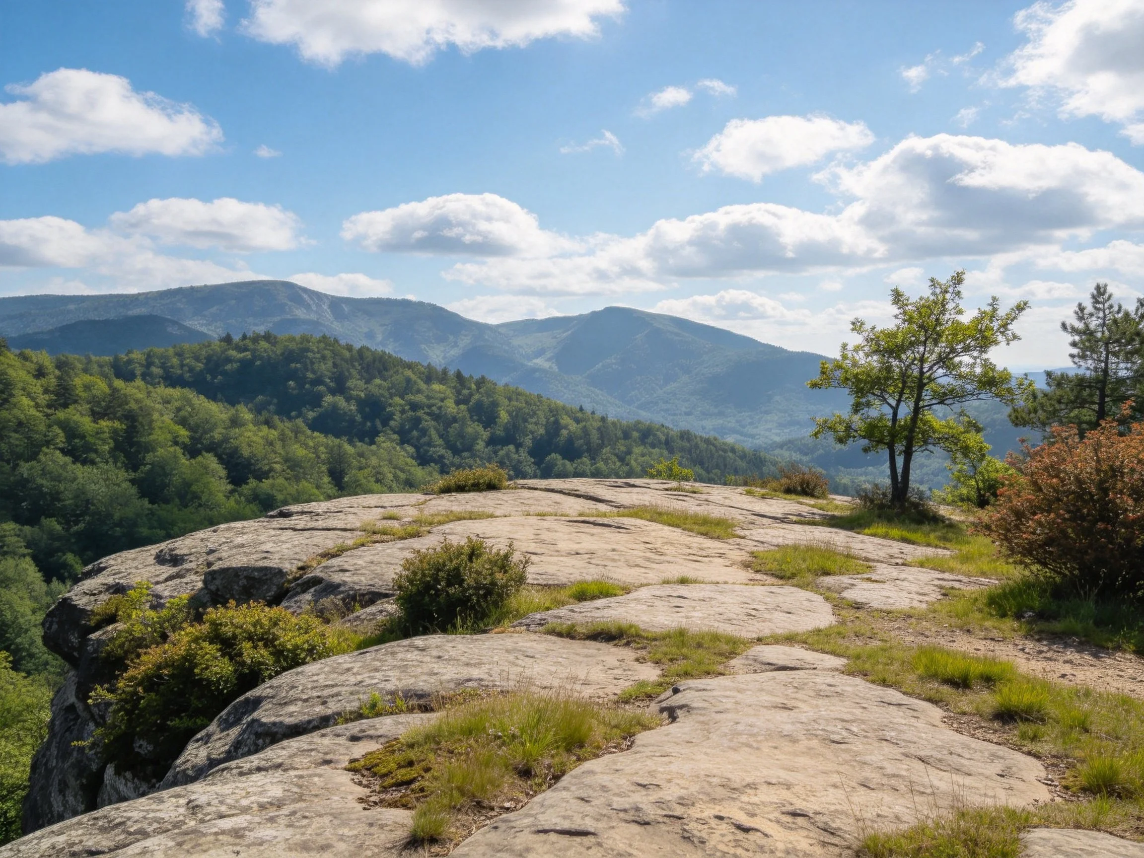 Rocky Outcrop Overlooking Lush Forested Mountains Under Clear Sky