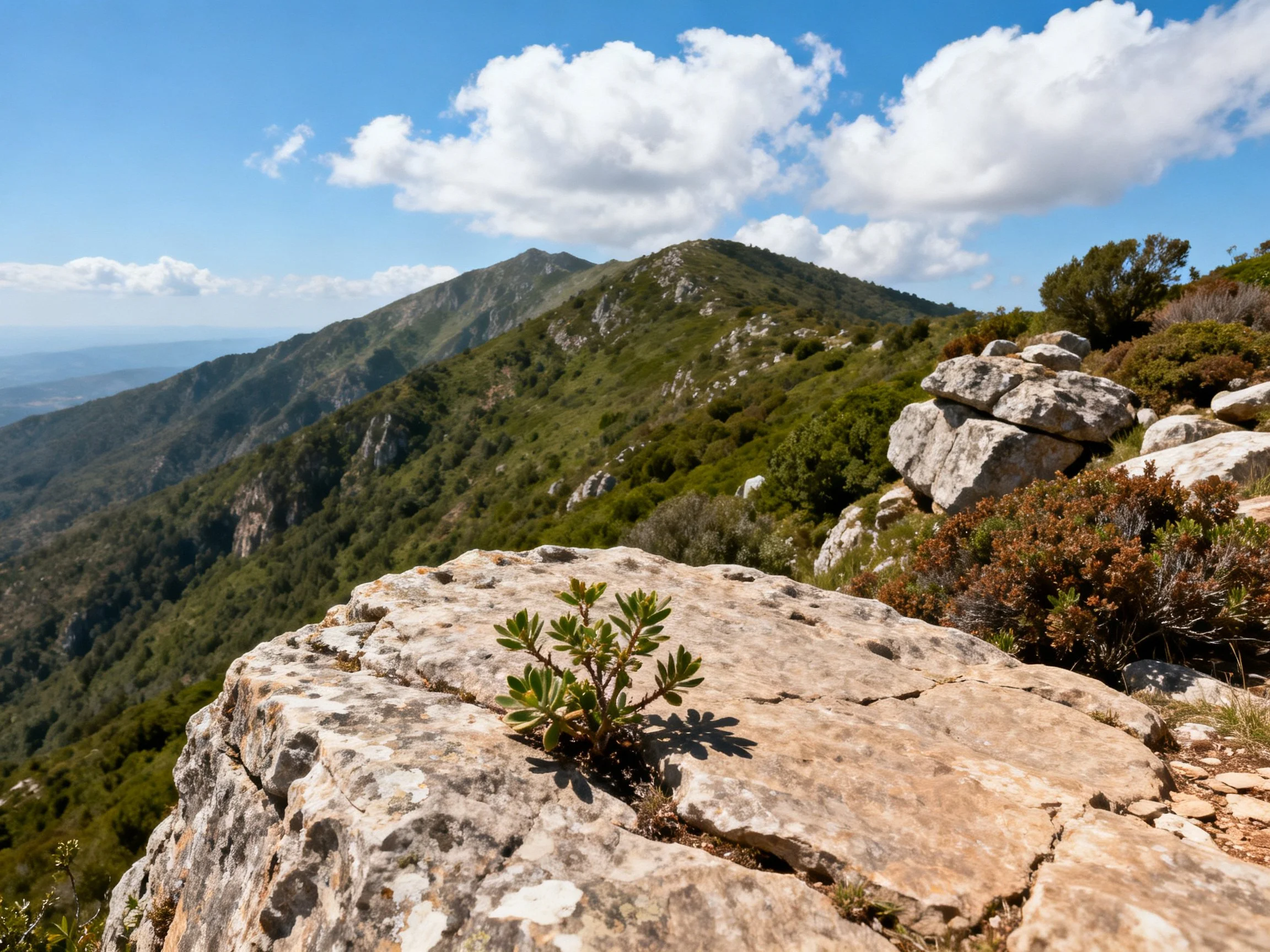 Rocky Ridge with Small Plant, Lush Green Hills, and Blue Sky