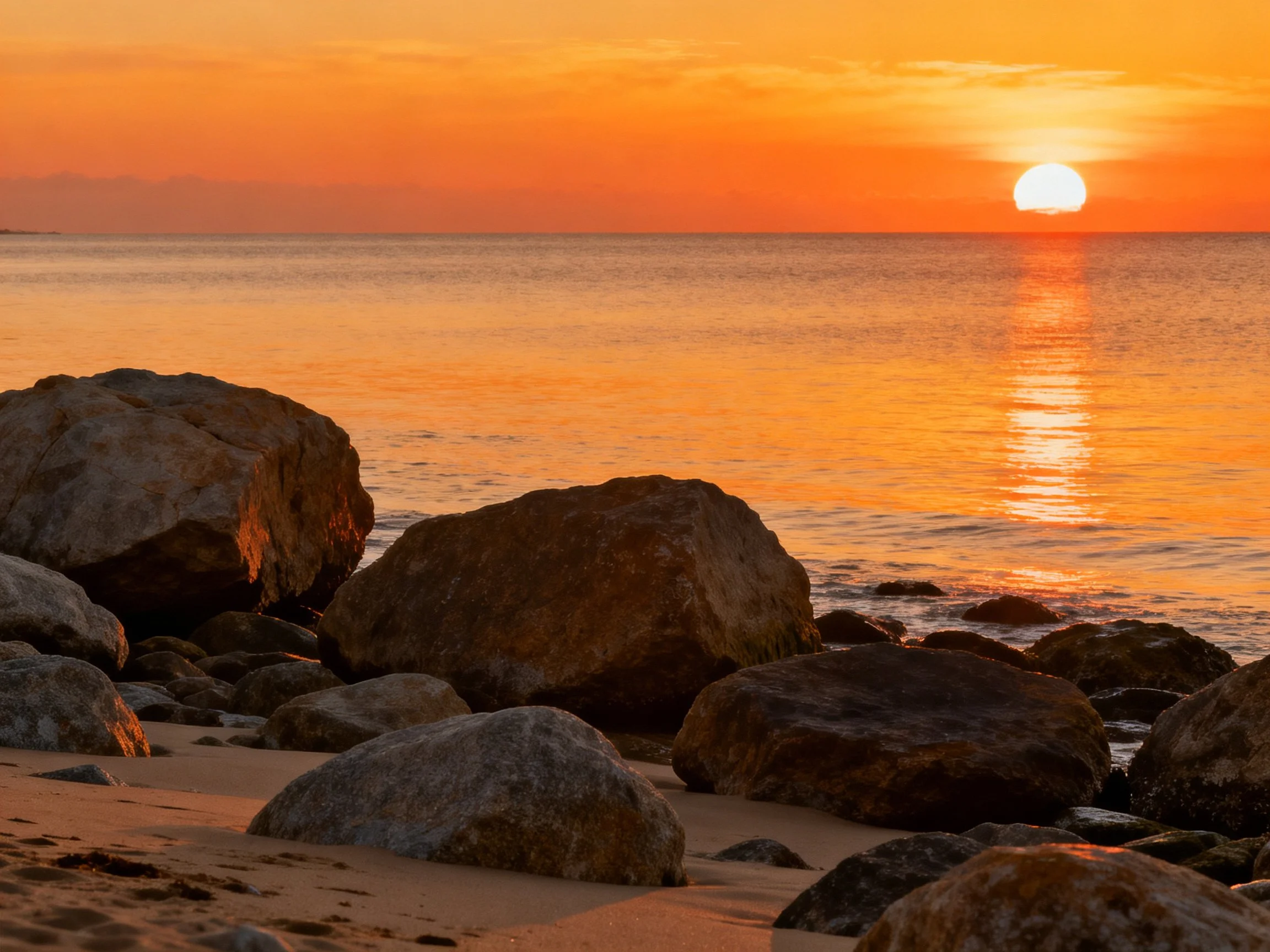 Rocky Shore at Sunset with Vibrant Orange Sky