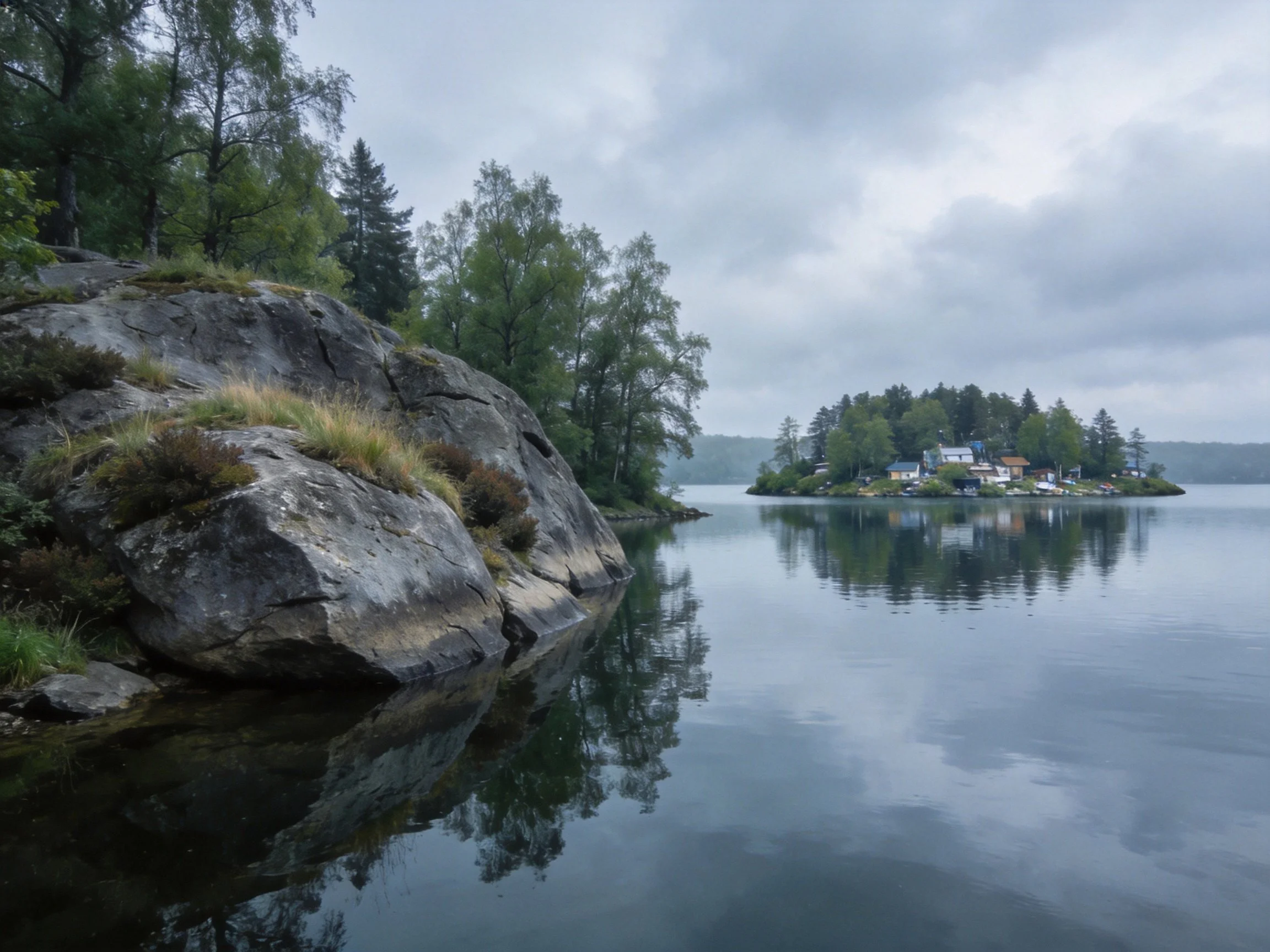 Rocky Shoreline, Calm Lake, and Forested Island Home