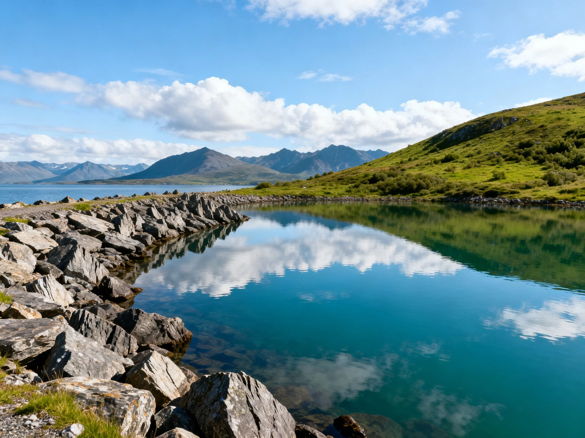 Rocky Shoreline with Turquoise Waters and Green Hills Near Mountain Range