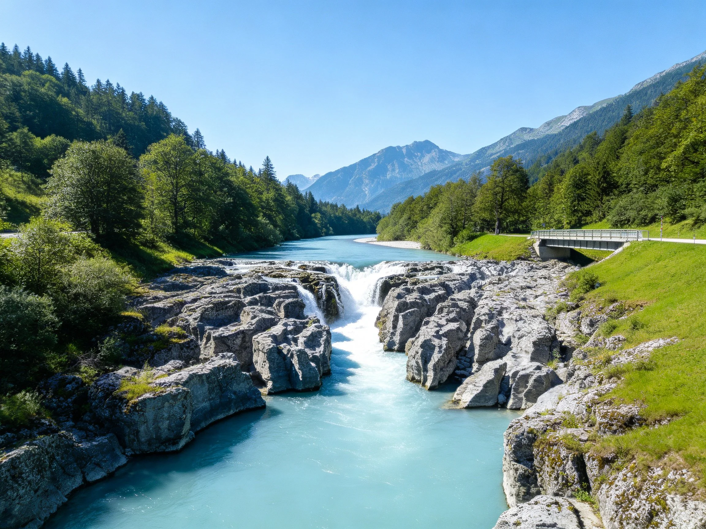 Rocky Turquoise Rapids Among Lush Greenery and Majestic Mountains