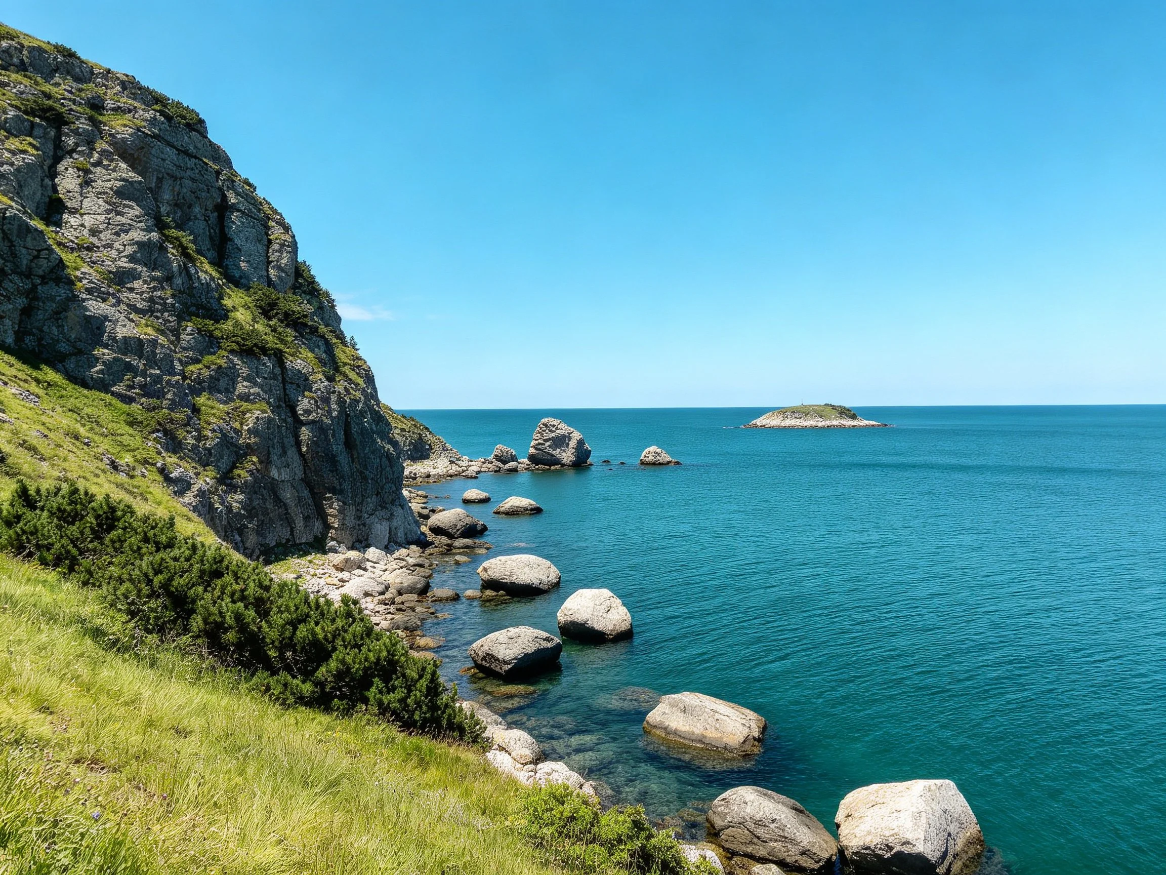 Rocky cliffs meet turquoise sea with scattered boulders