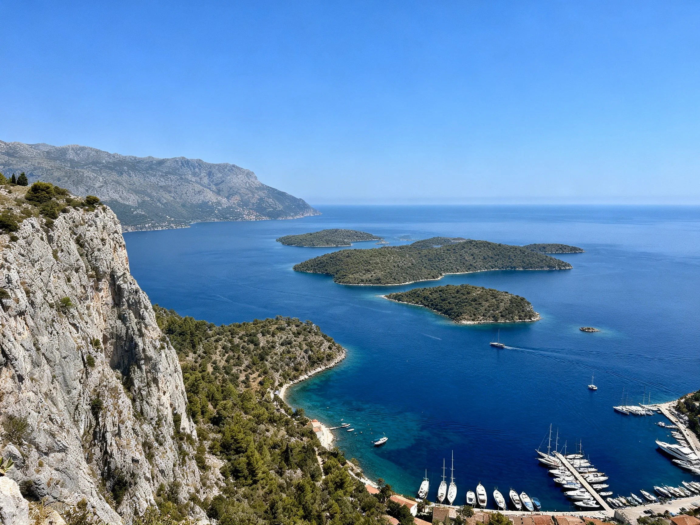 Rocky cliffs overlook blue islands and marina