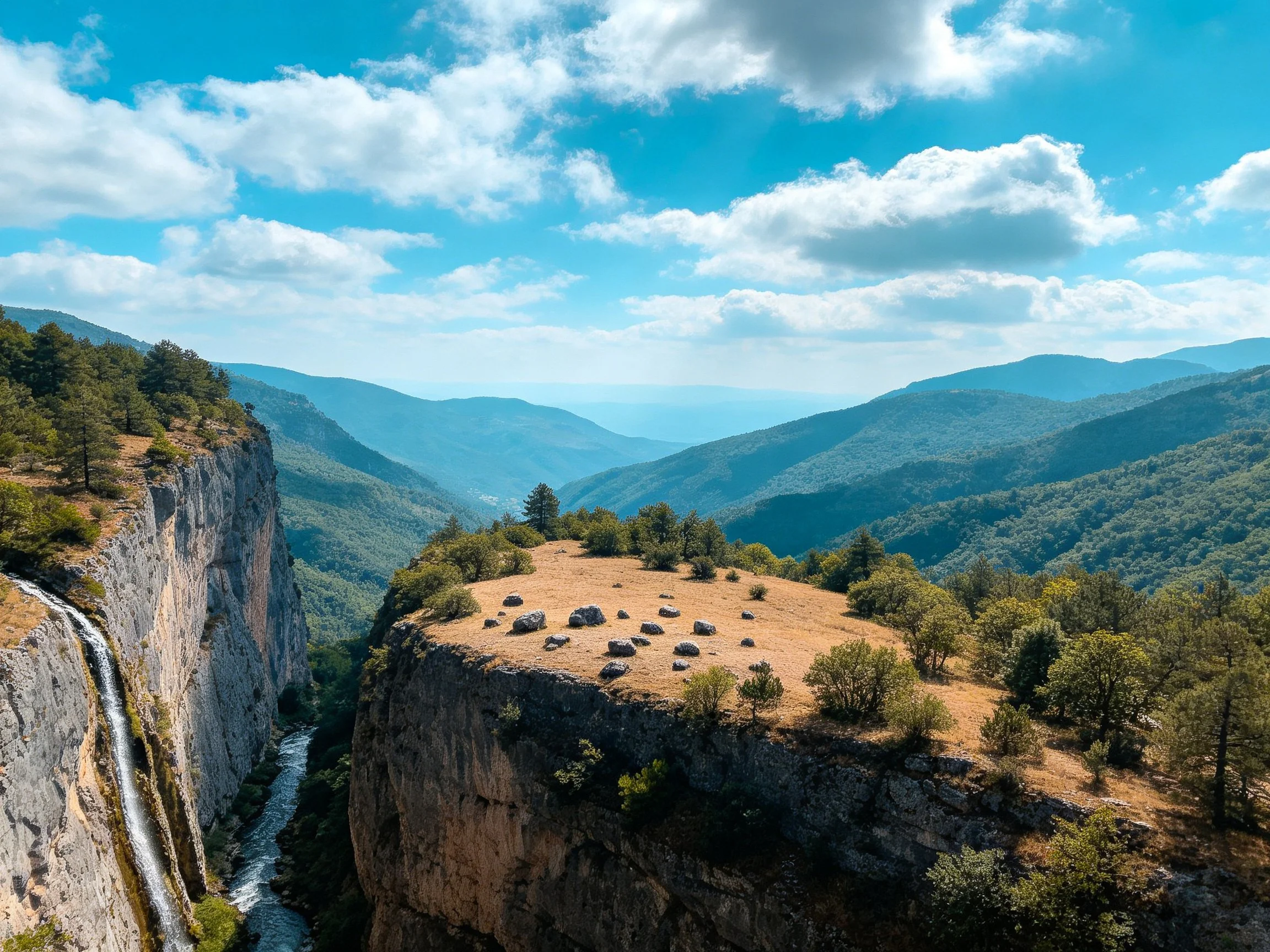 Rocky cliffs tower over a winding river through forested mountains under sunny skies