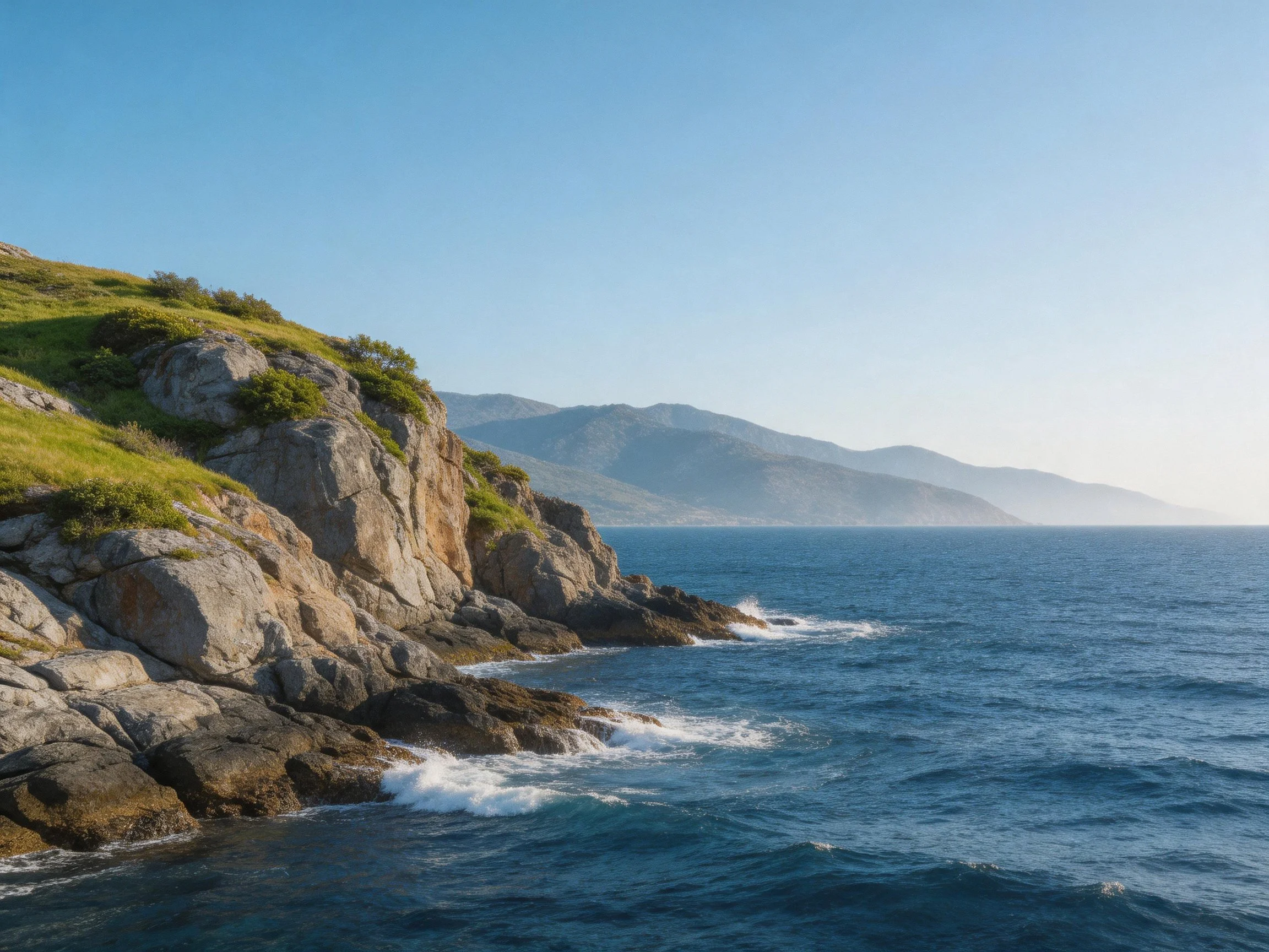 Rocky cliffs with greenery meet deep blue ocean near misty mountains