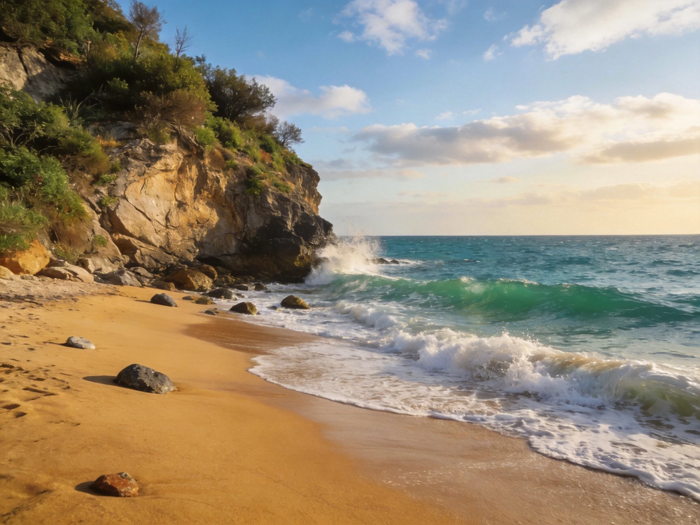 Rocky cliffside overlooks golden sandy beach with turquoise ocean waves
