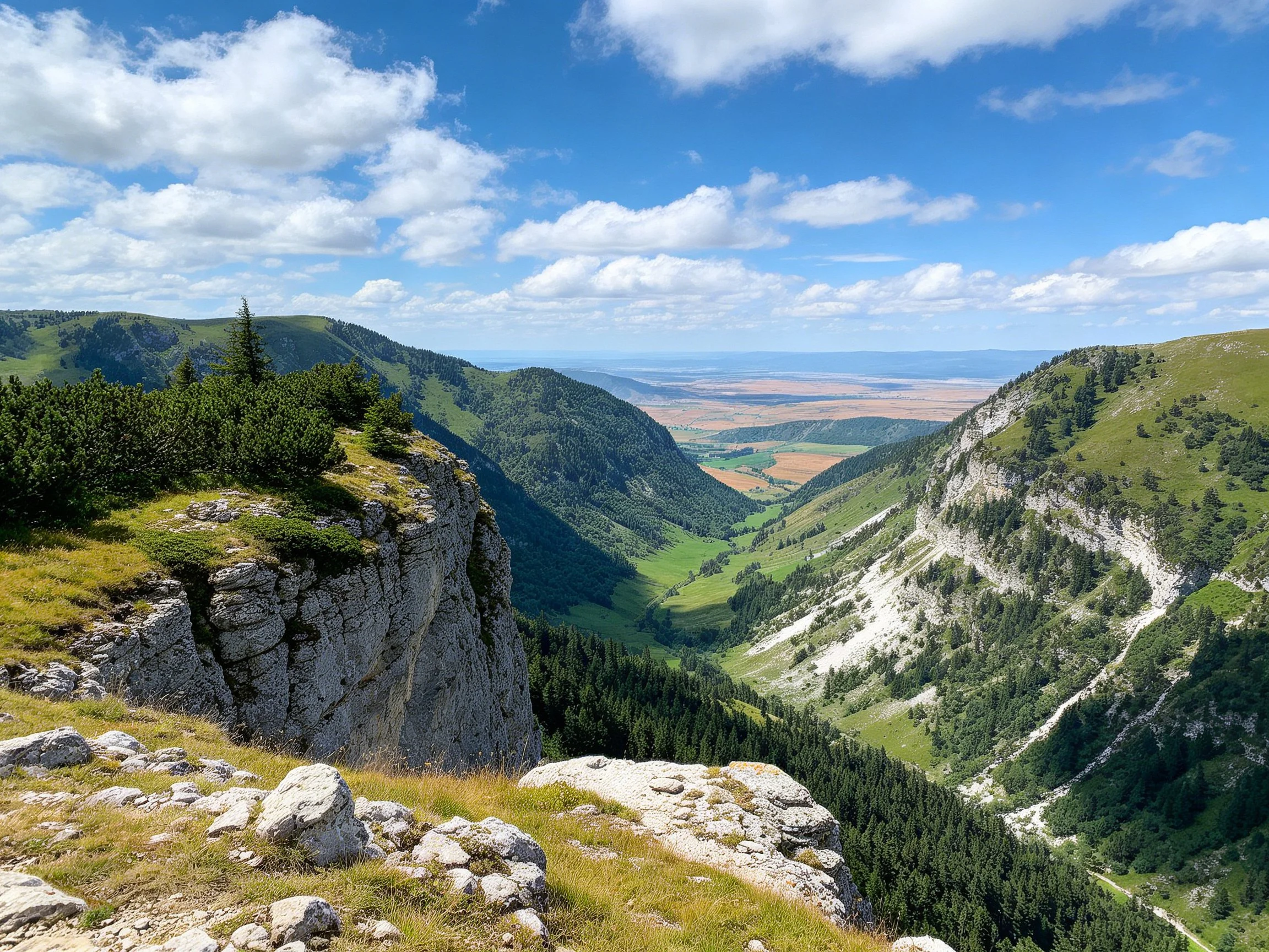 Rocky cliffside overlooks lush green mountain valley with distant plains