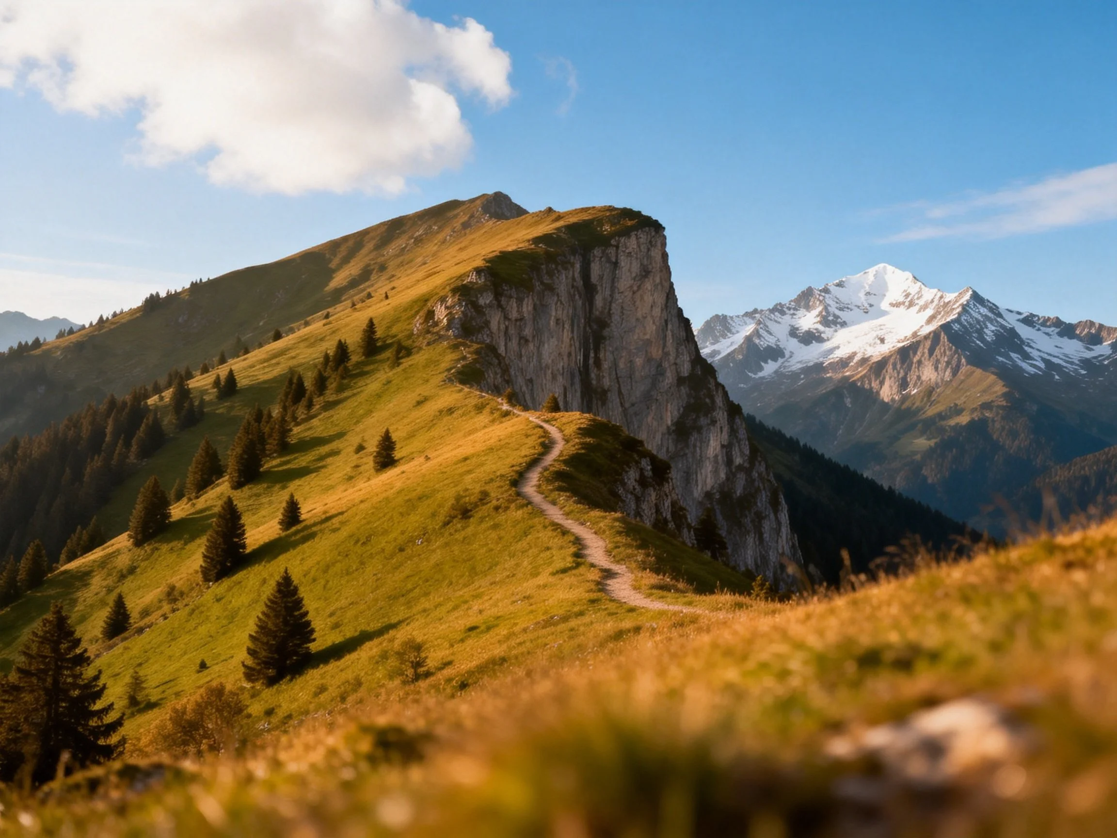 Rocky cliffside path winds through green hills toward snow-capped peaks