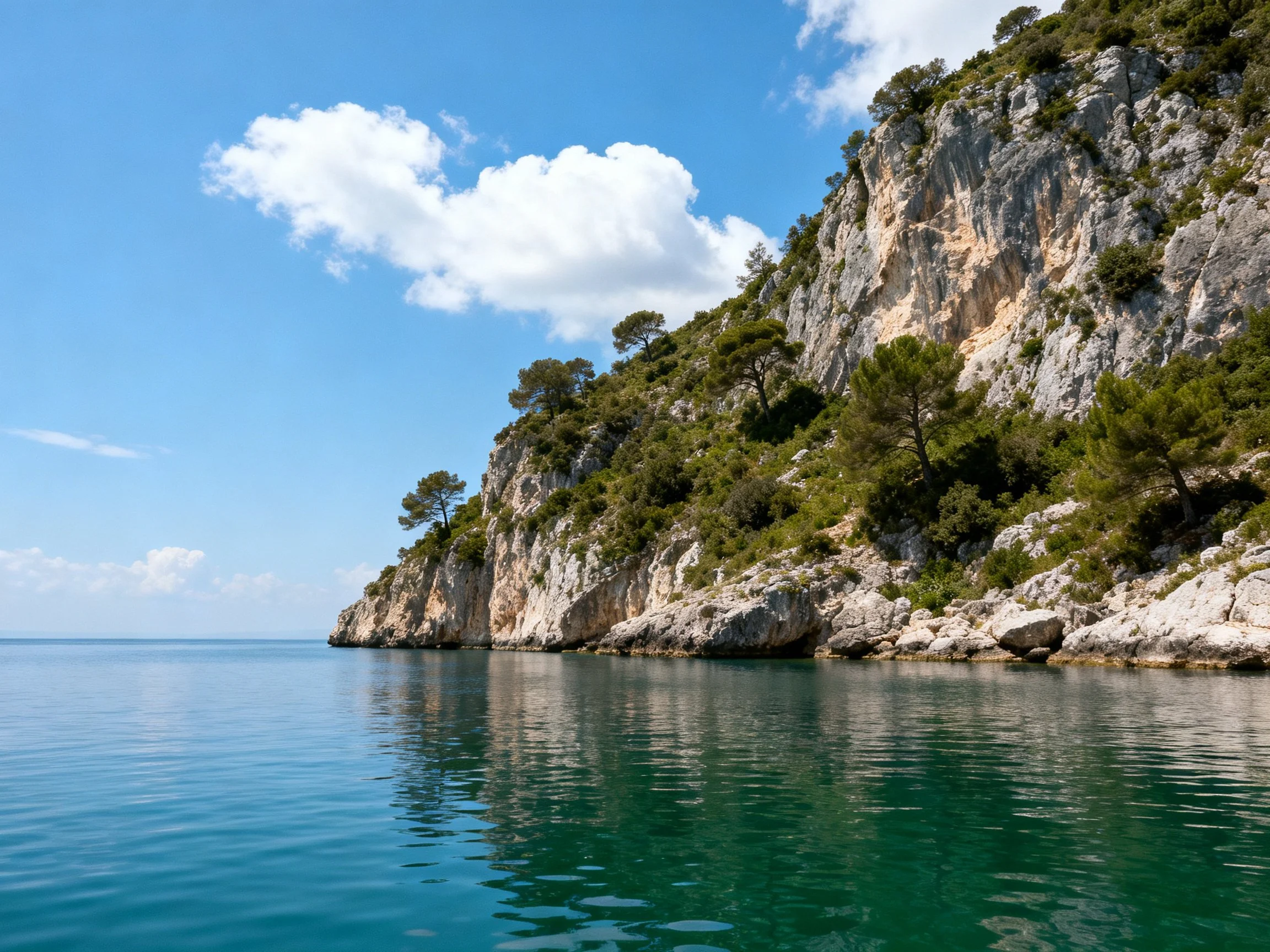 Rocky cliffside with lush greenery overlooking turquoise waters