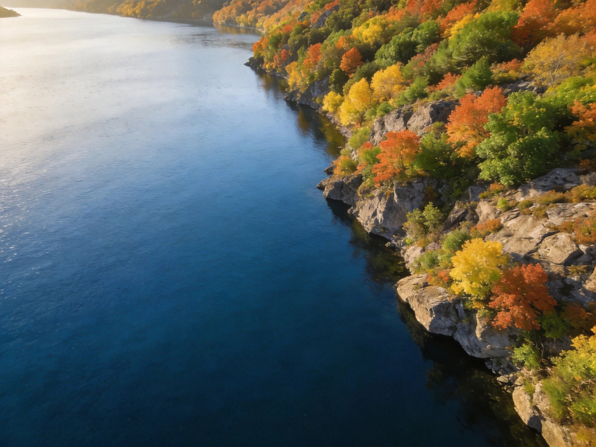 Rocky cliffside with vibrant fall foliage beside calm blue water