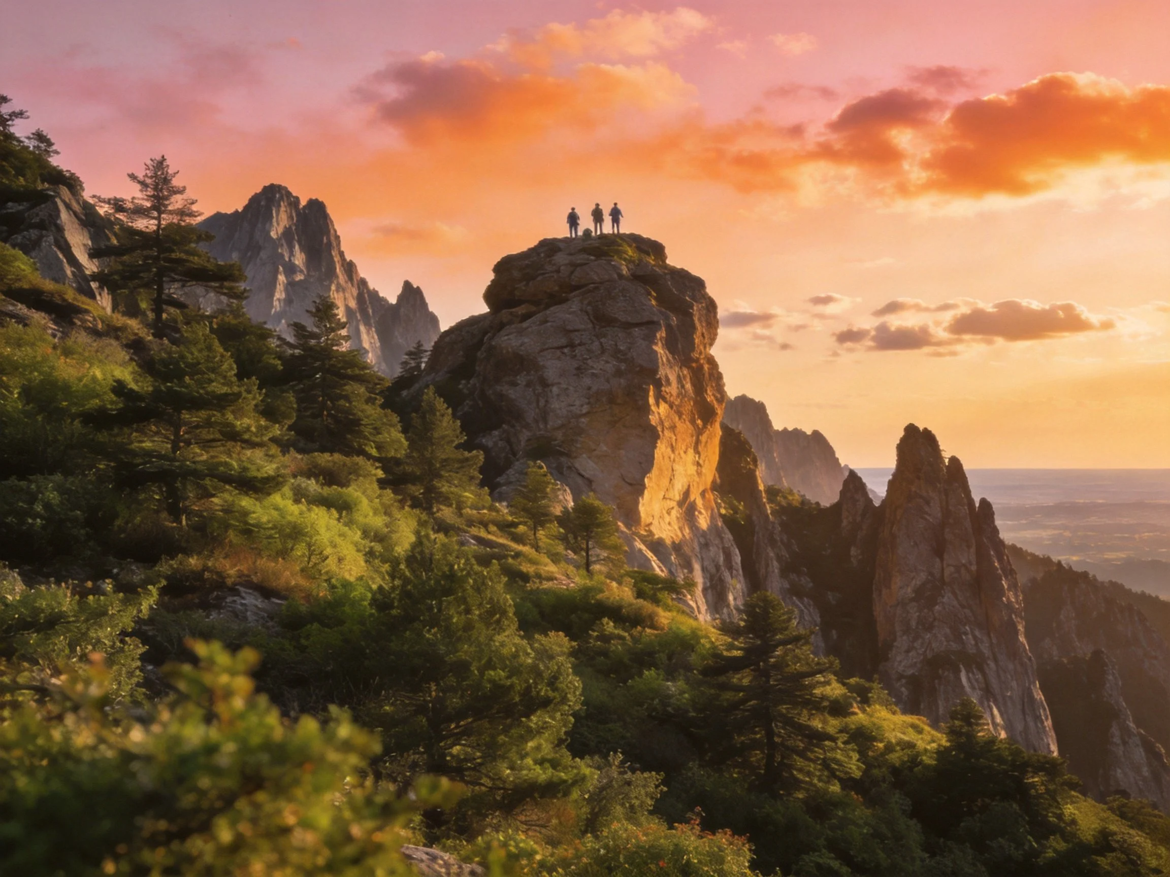 Rocky clifftop at sunset with hikers and lush green landscape