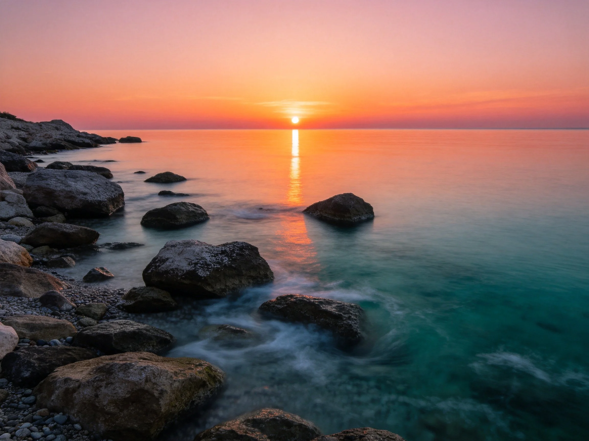 Rocky coast at sunset with calm turquoise waters