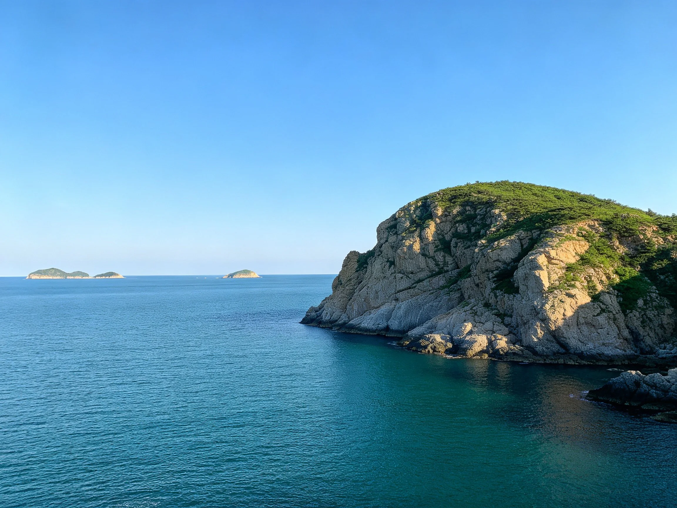Rocky coastal cliffs with lush green vegetation and calm blue waters