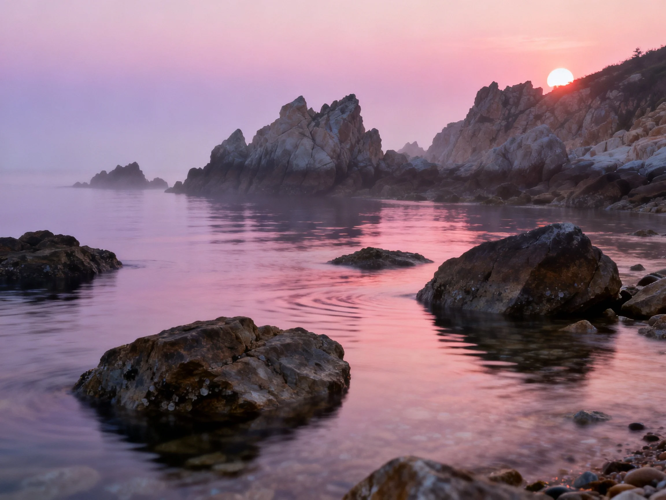 Rocky coastal shore at dusk with pink sunset reflections