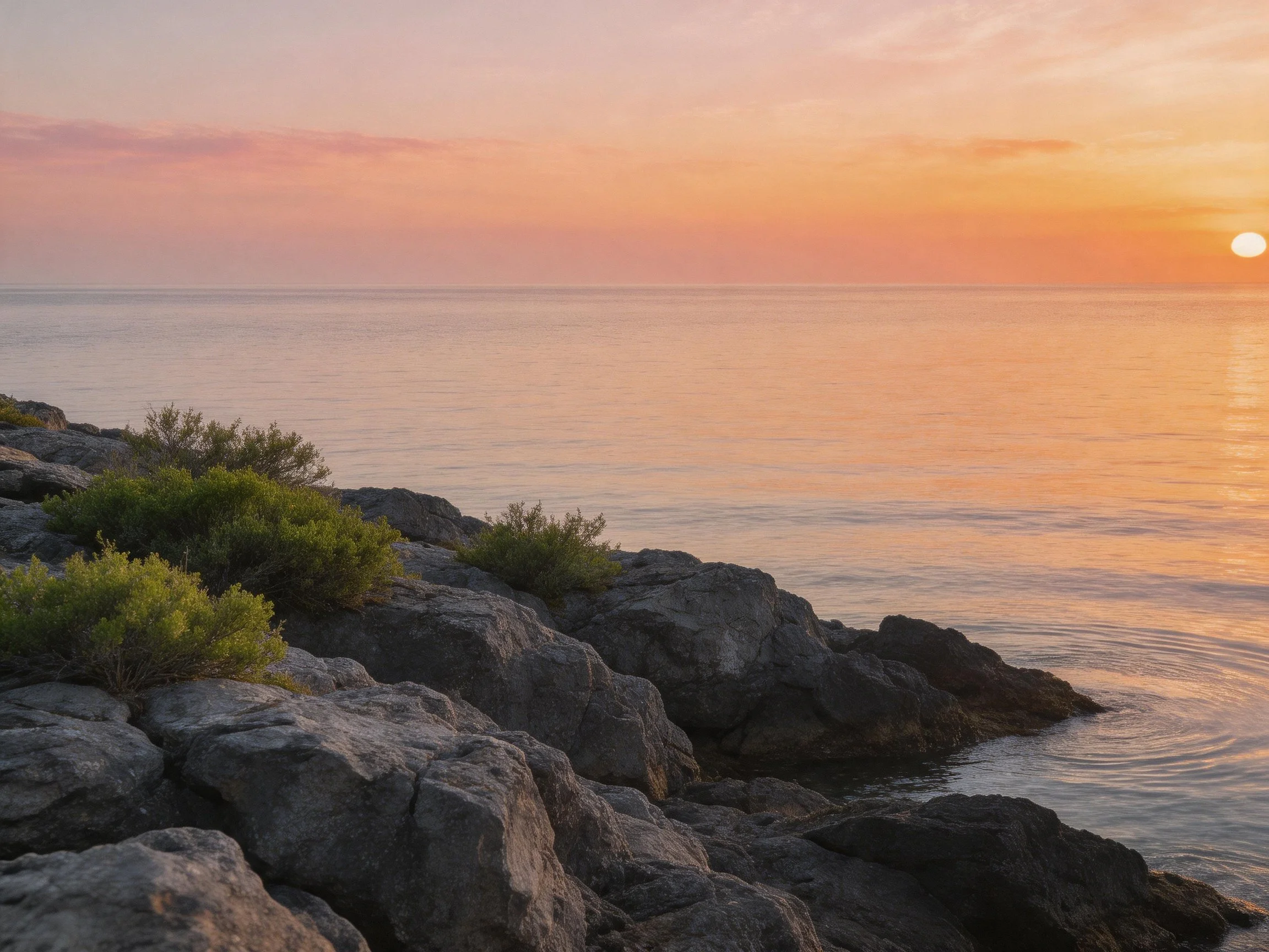 Rocky coastline with green shrubs at sunset over calm waters