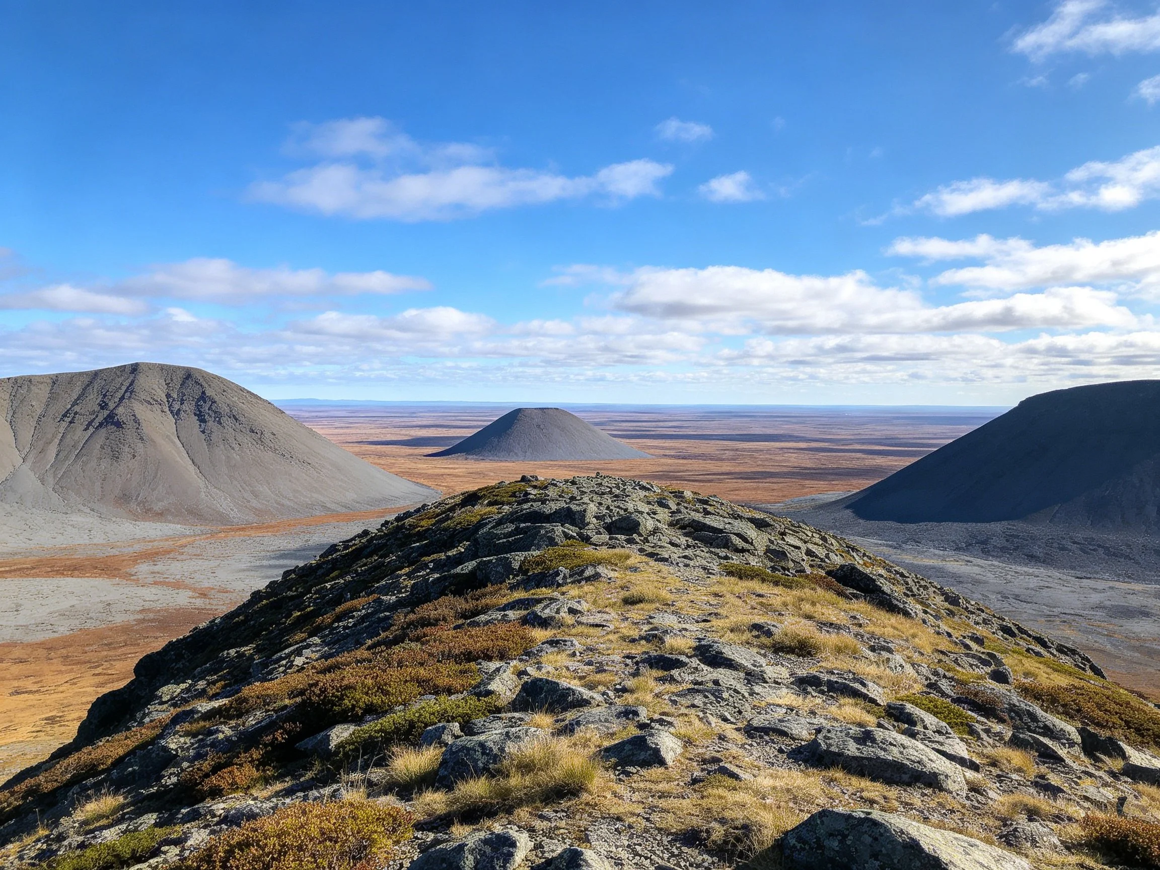 Rocky conical formations span a vast arid plain under clear blue sky