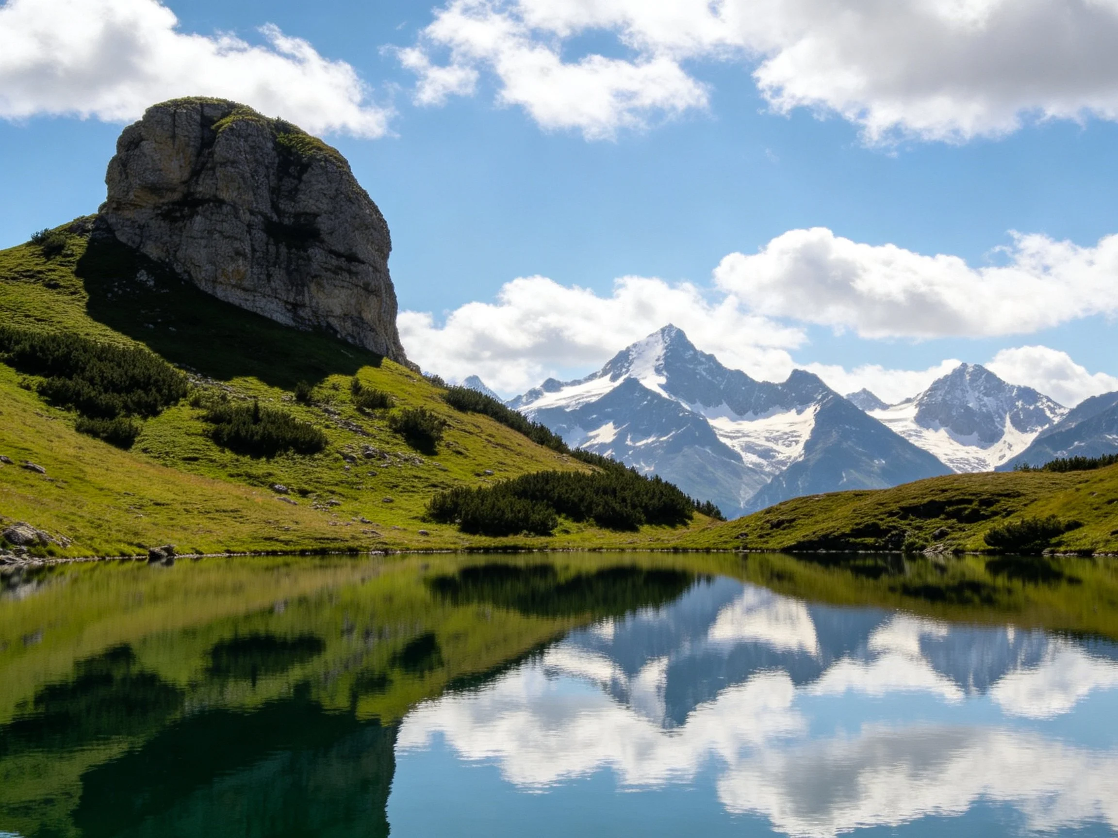Rocky formation, lush green hills, and snow-capped mountains reflected in a calm lake