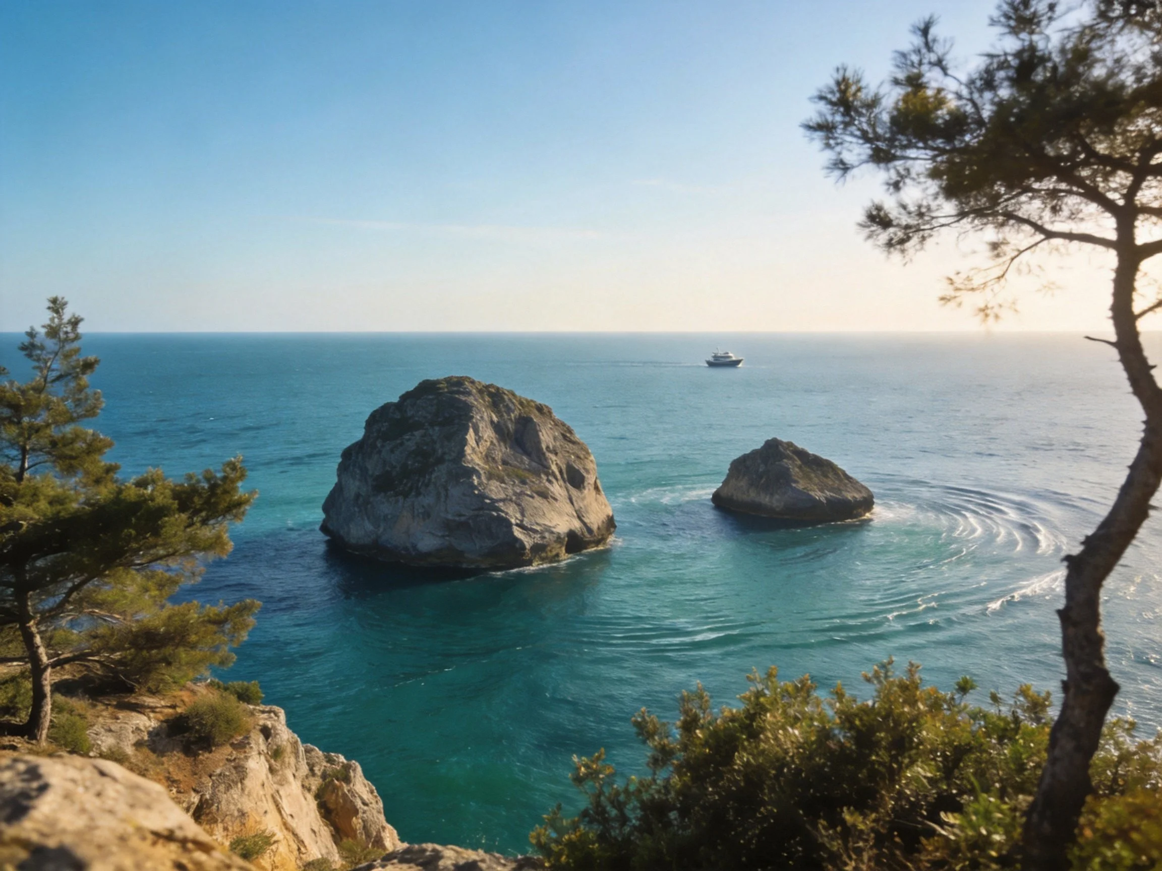 Rocky formations in turquoise sea with coastal trees and distant boat