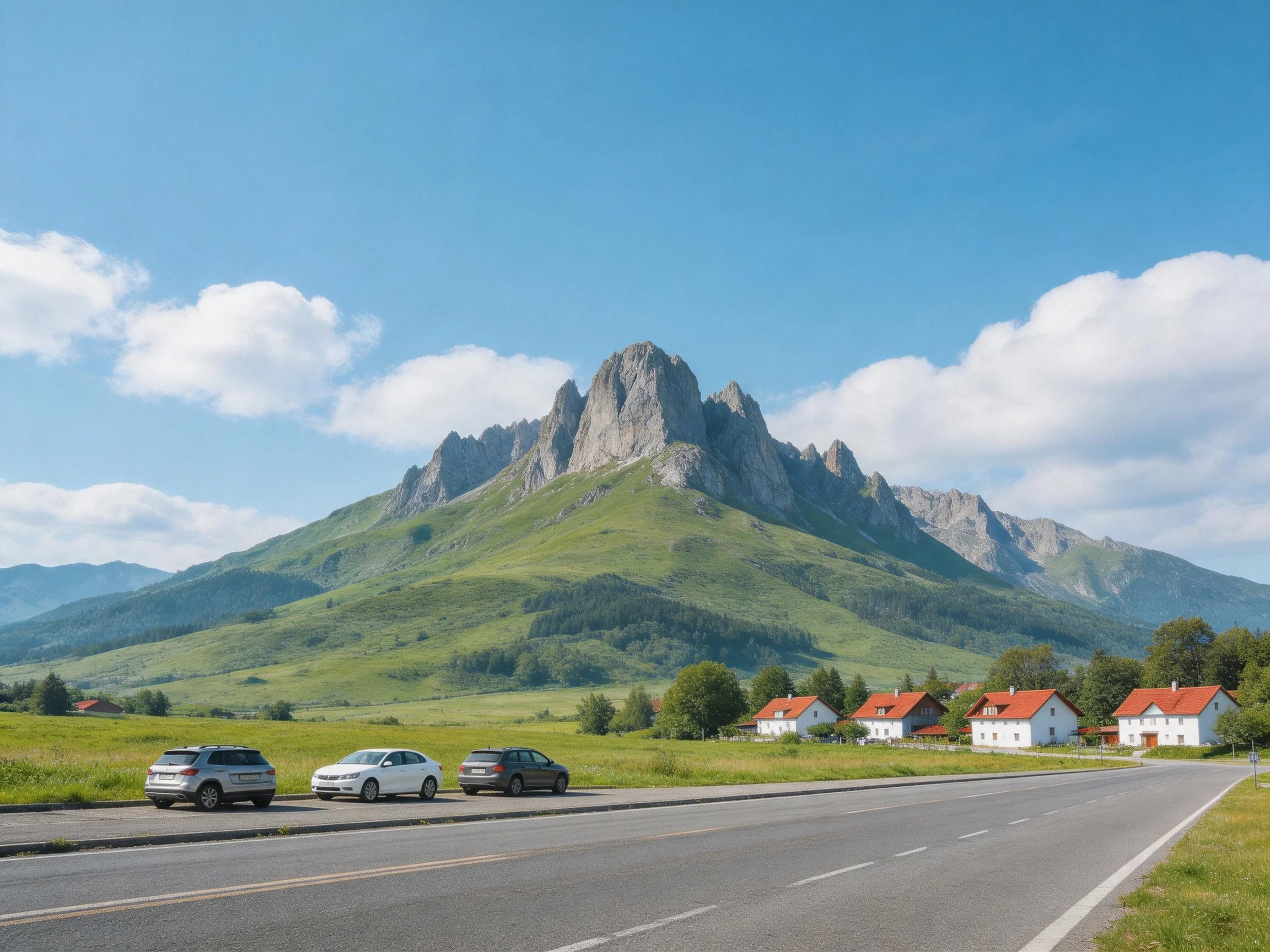 Rocky mountain peak overlooks red-roofed houses and parked cars