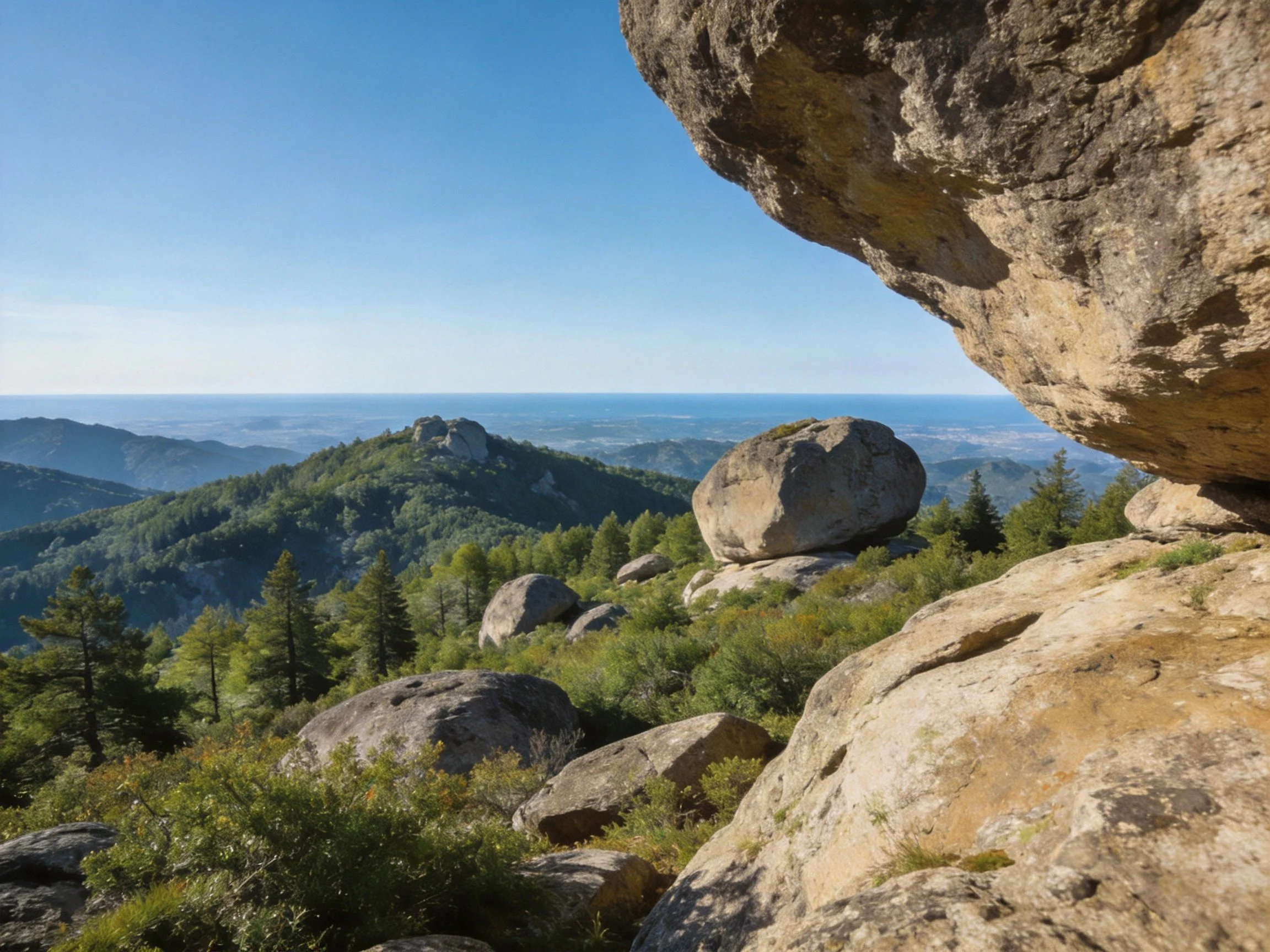 Rocky outcrop overlooking forested mountain range with clear blue sky