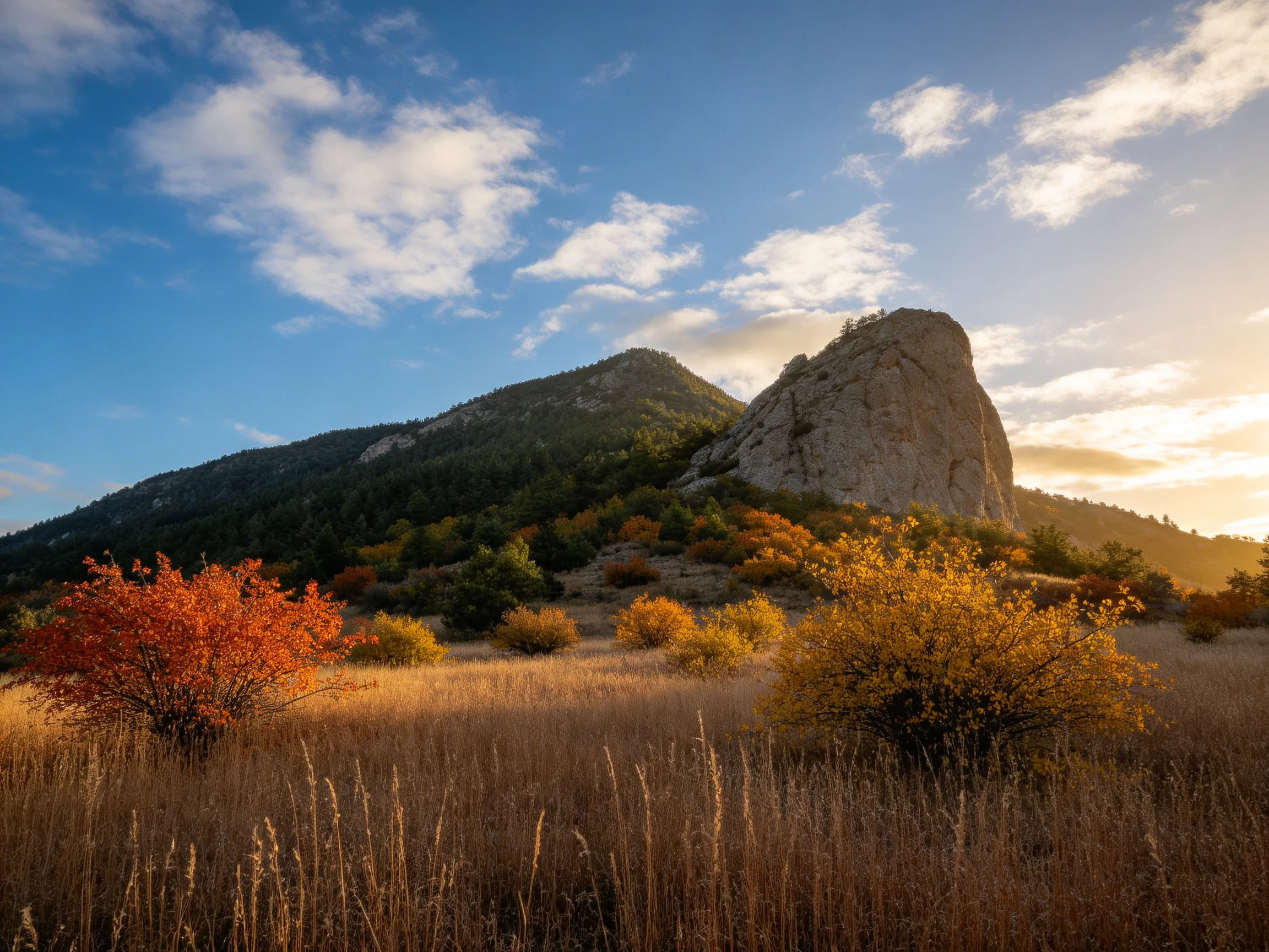 Rocky outcrop surrounded by autumn foliage and golden grasslands