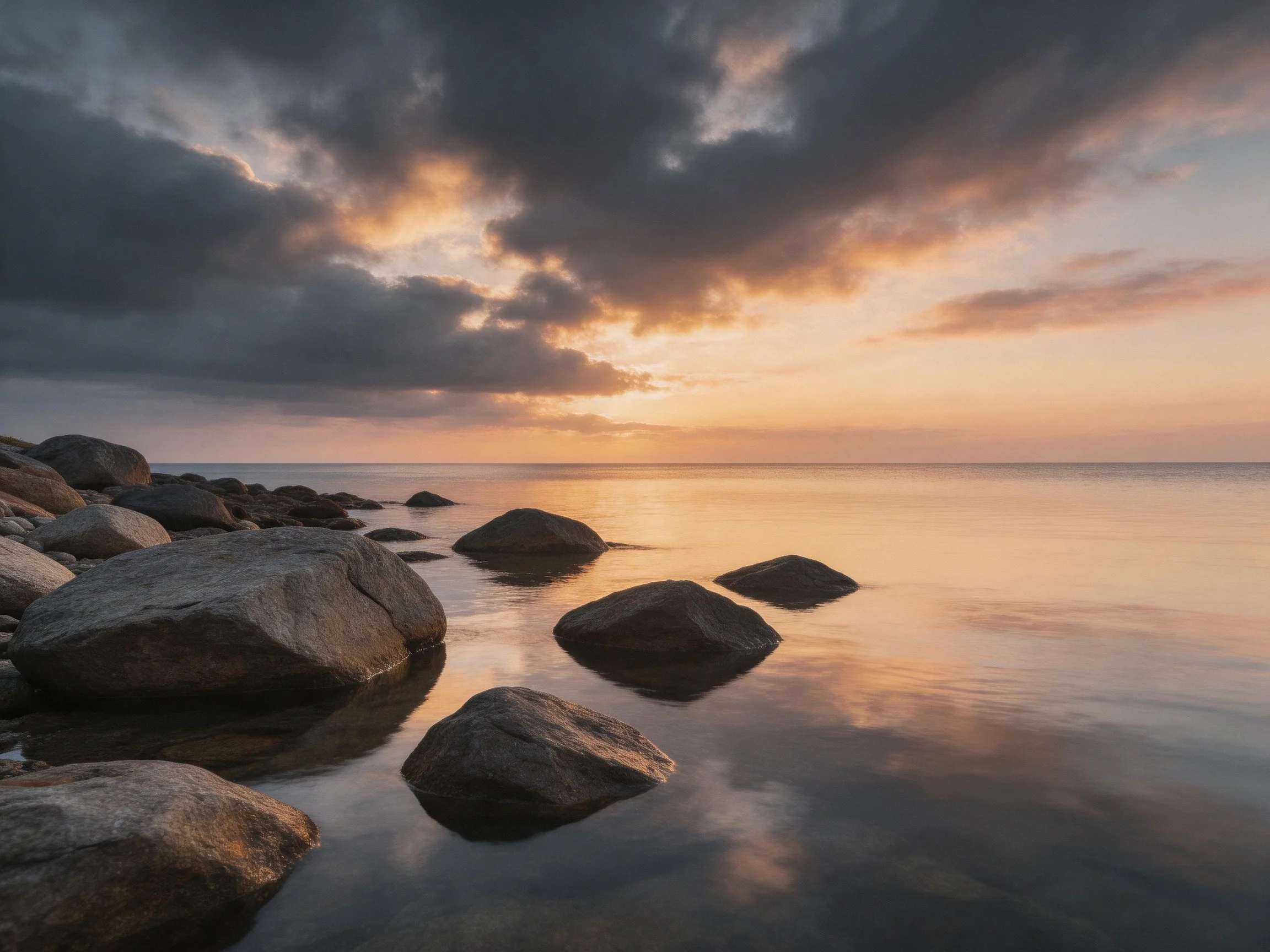 Rocky shoreline at dusk with calm waters and dramatic clouds