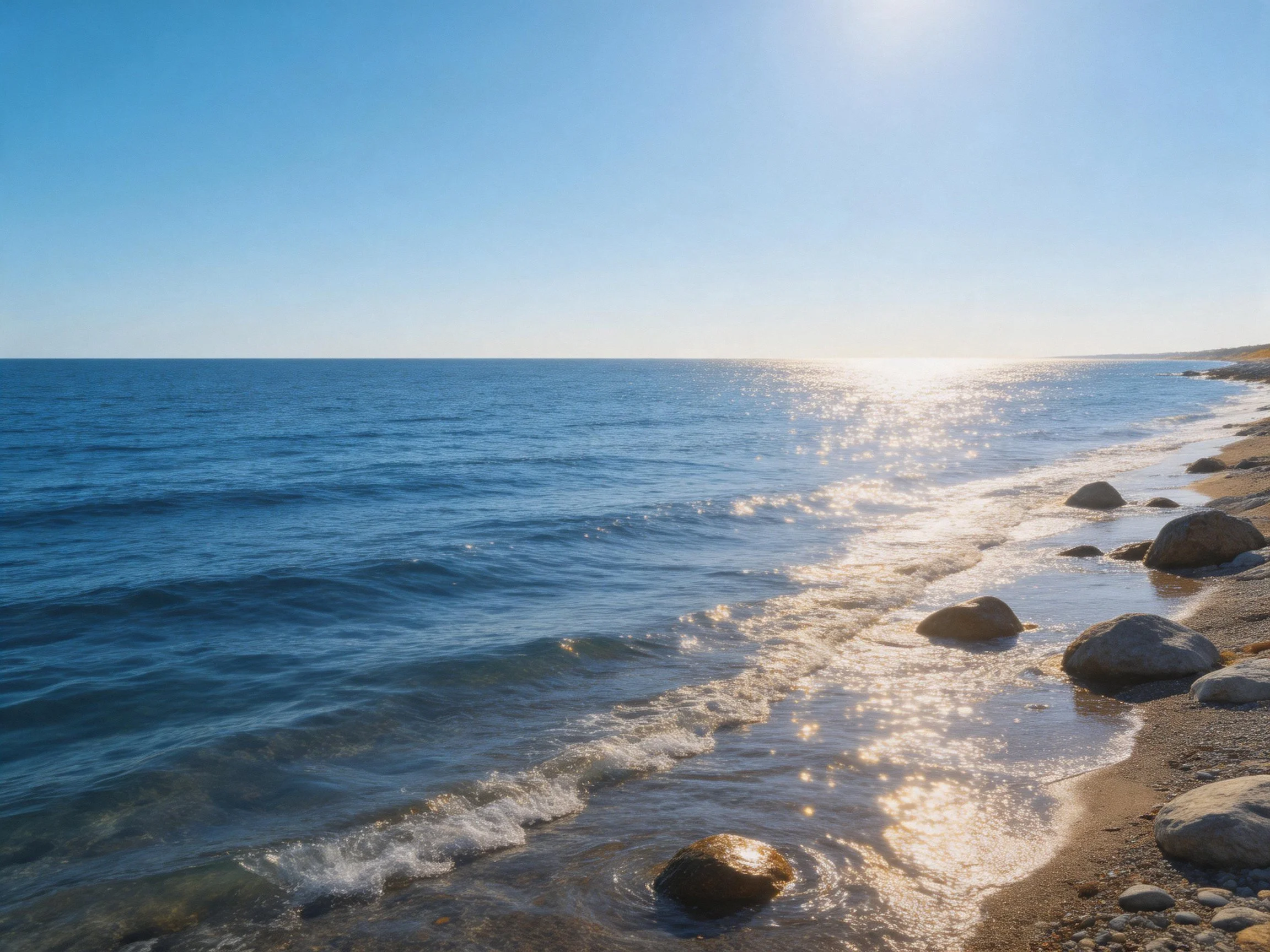 Rocky shoreline with calm blue waters and clear skies