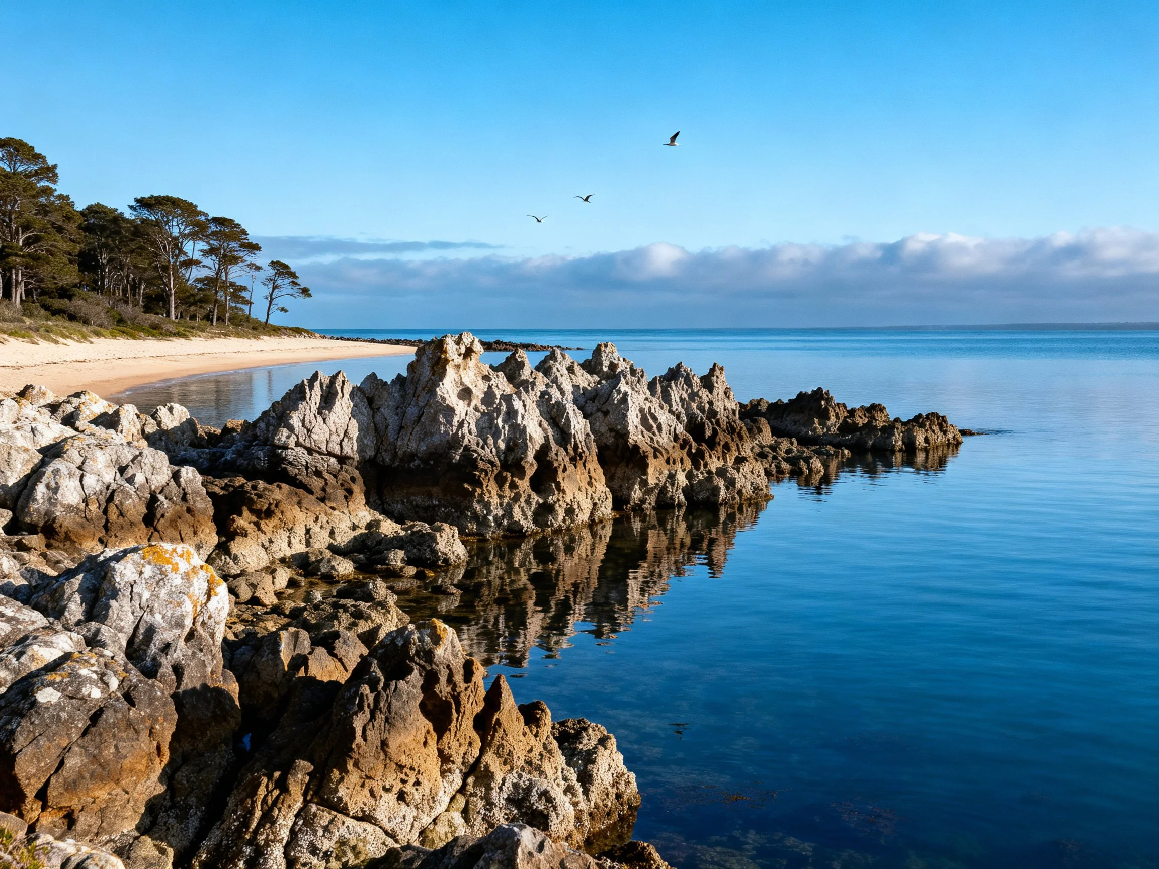 Rocky shoreline with calm blue waters and sandy beach