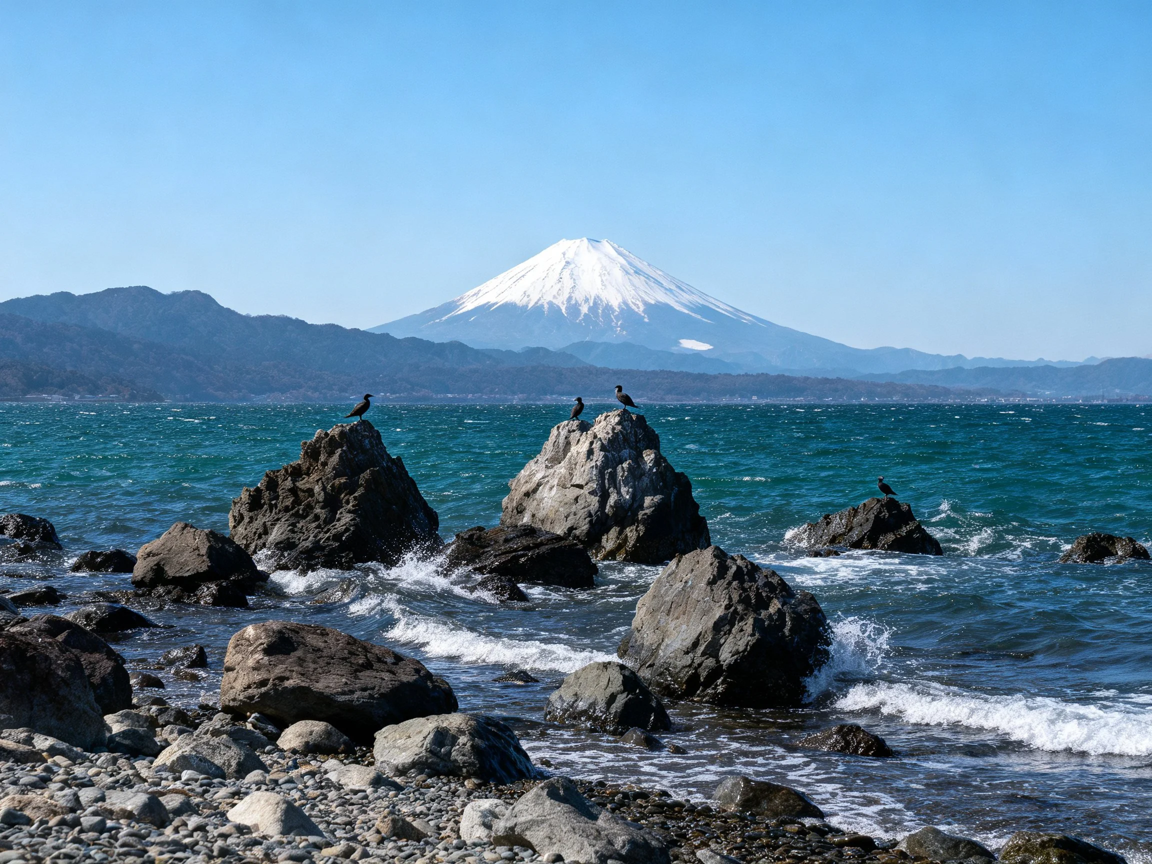 Rocky shoreline with seabirds, snow - capped Mount Fuji in view