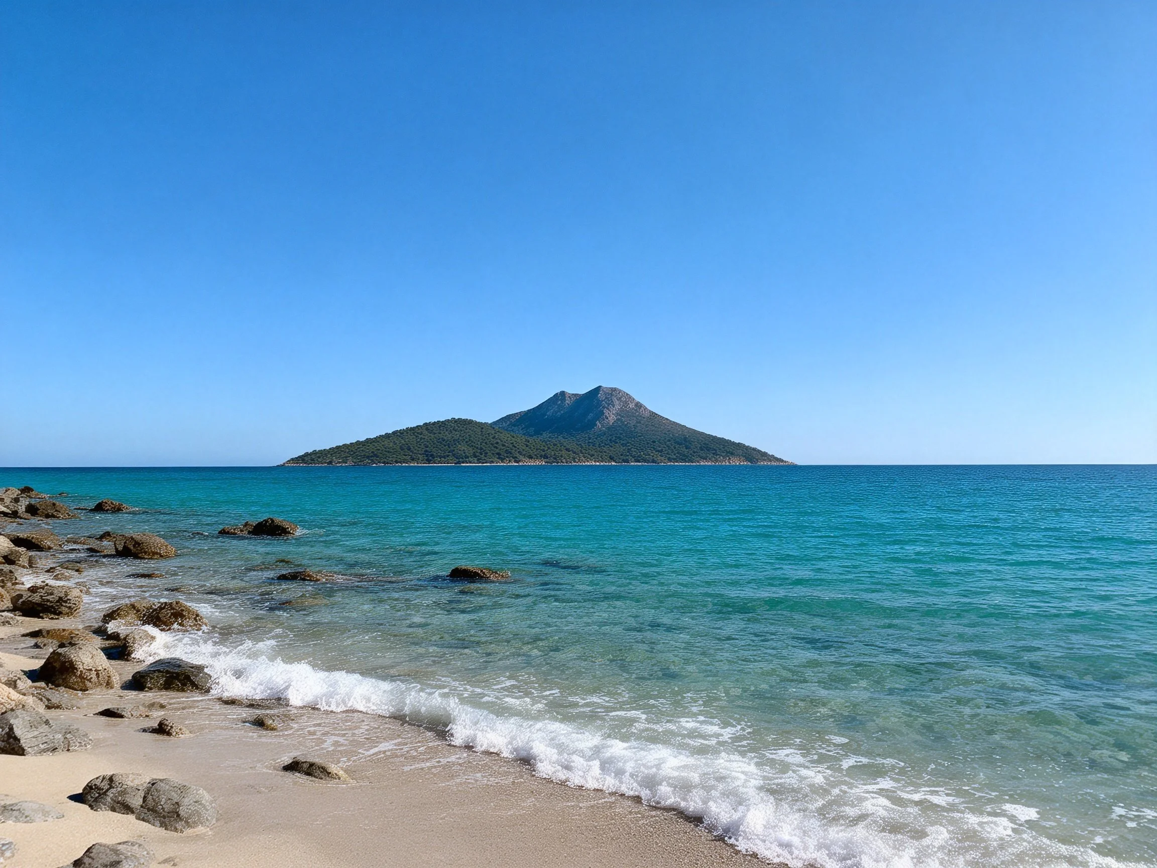 Rocky shoreline with turquoise waters and distant green island