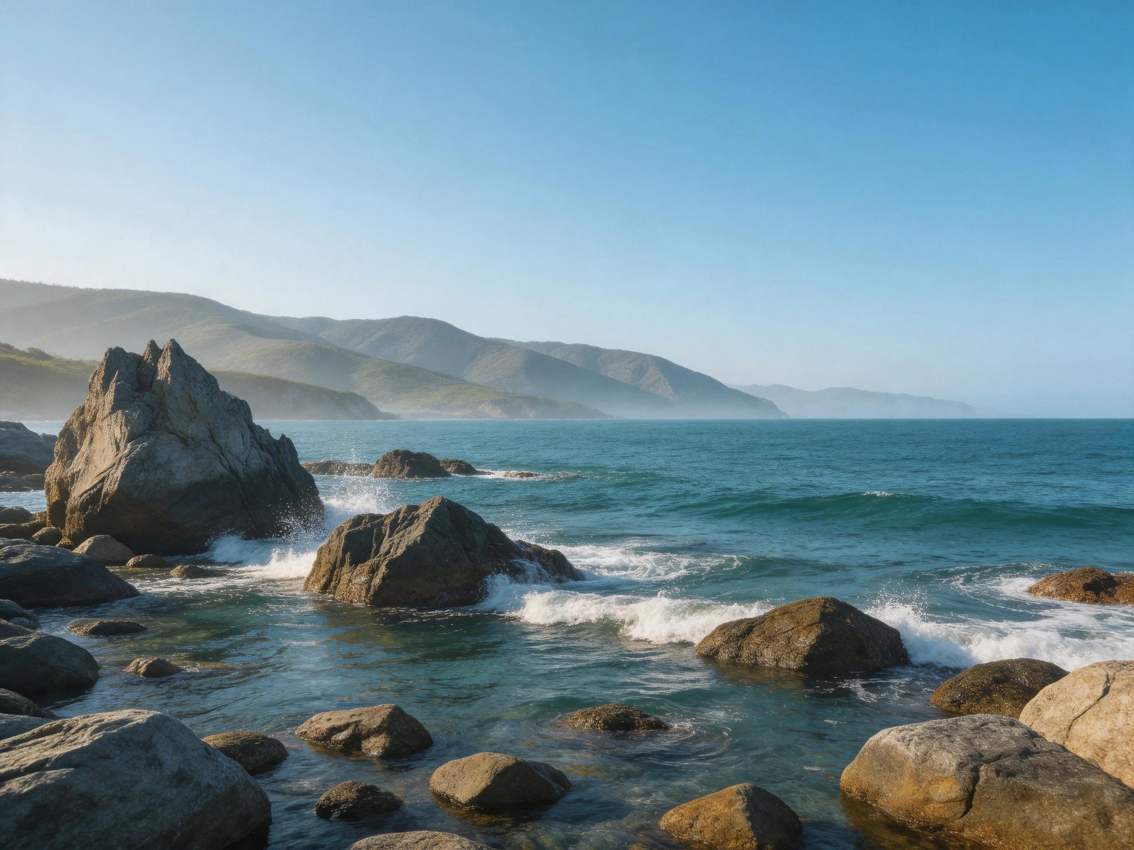 Rocky shoreline with turquoise waves and misty green hills