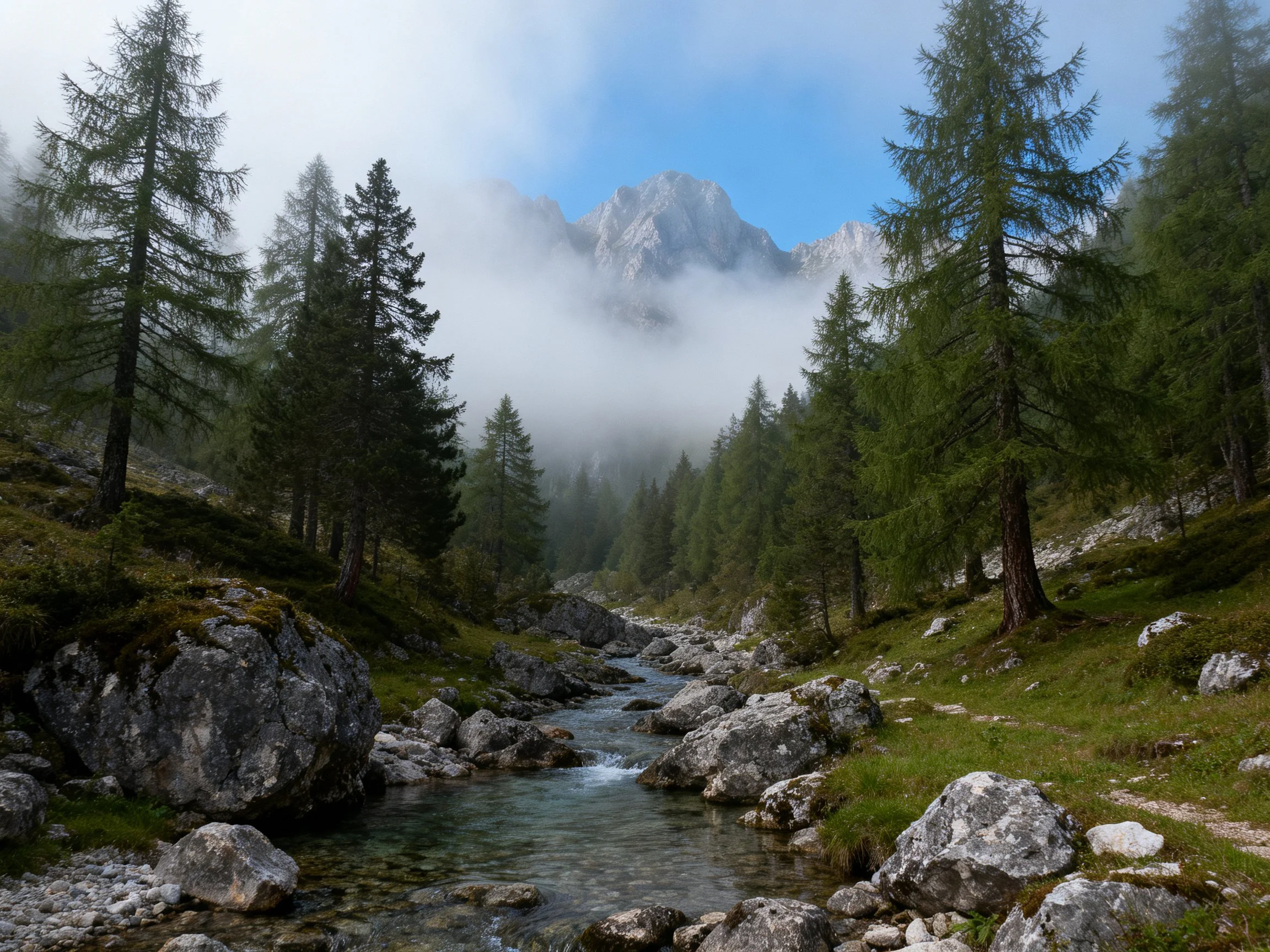 Rocky stream winds through mist-shrouded mountain forest