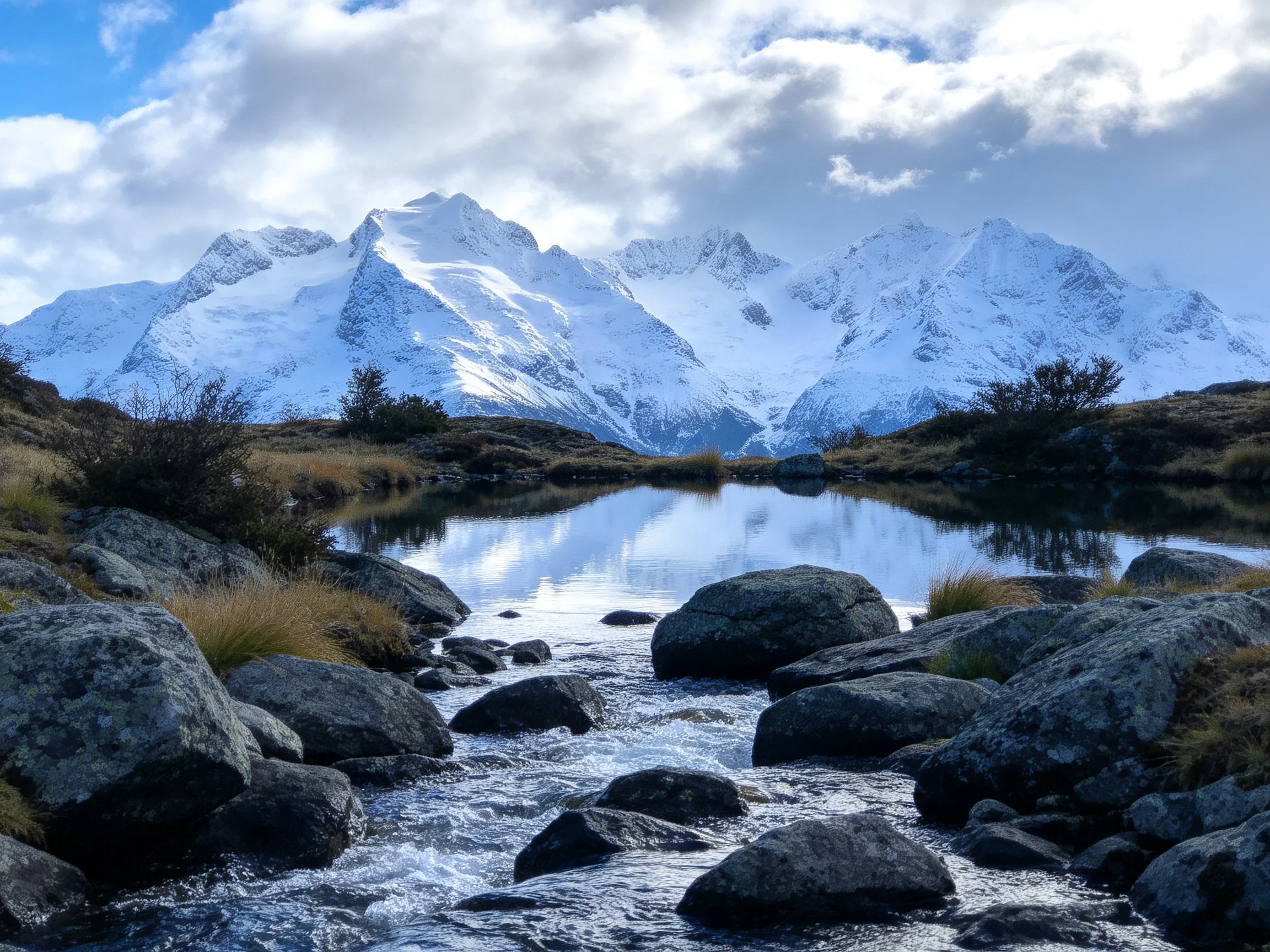 Rocky stream with reflective pond and snowy mountain backdrop