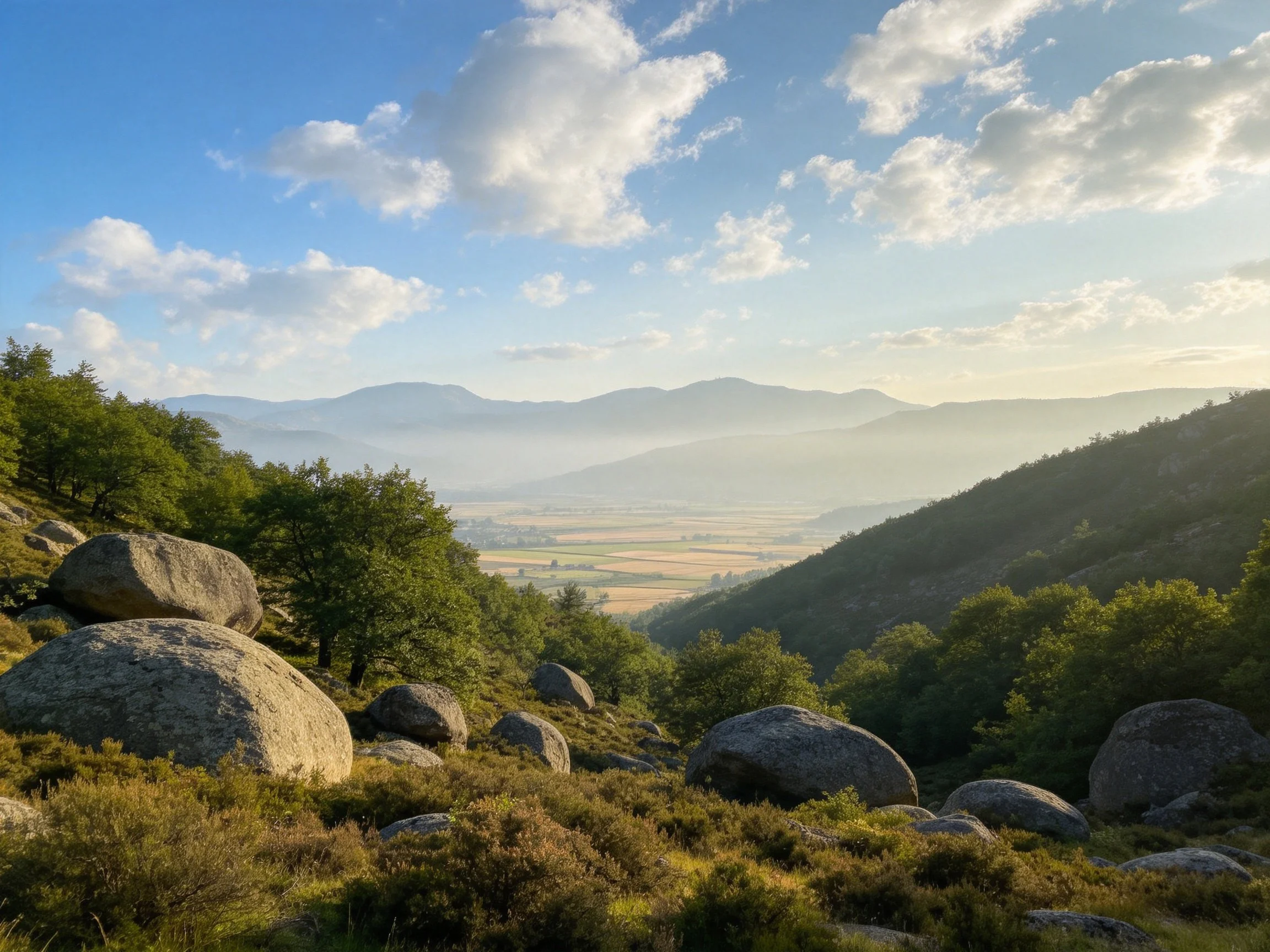 Rocky terrain with boulders, dense greenery, and misty mountain backdrop