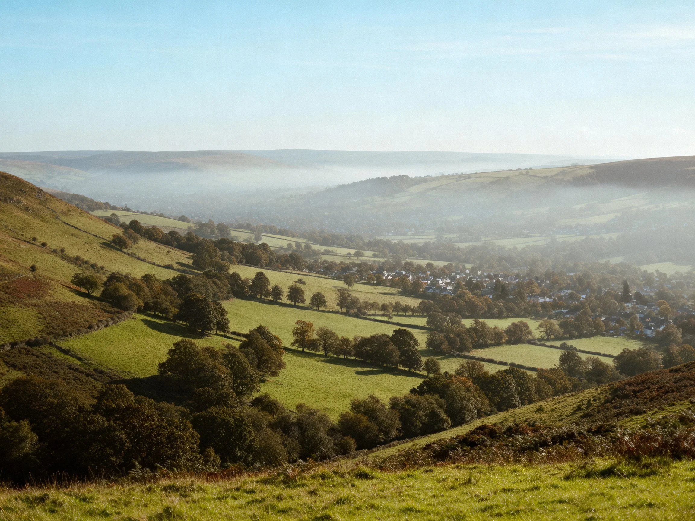 Rolling Green Hills Overlooking Mist-Shrouded Valley Town