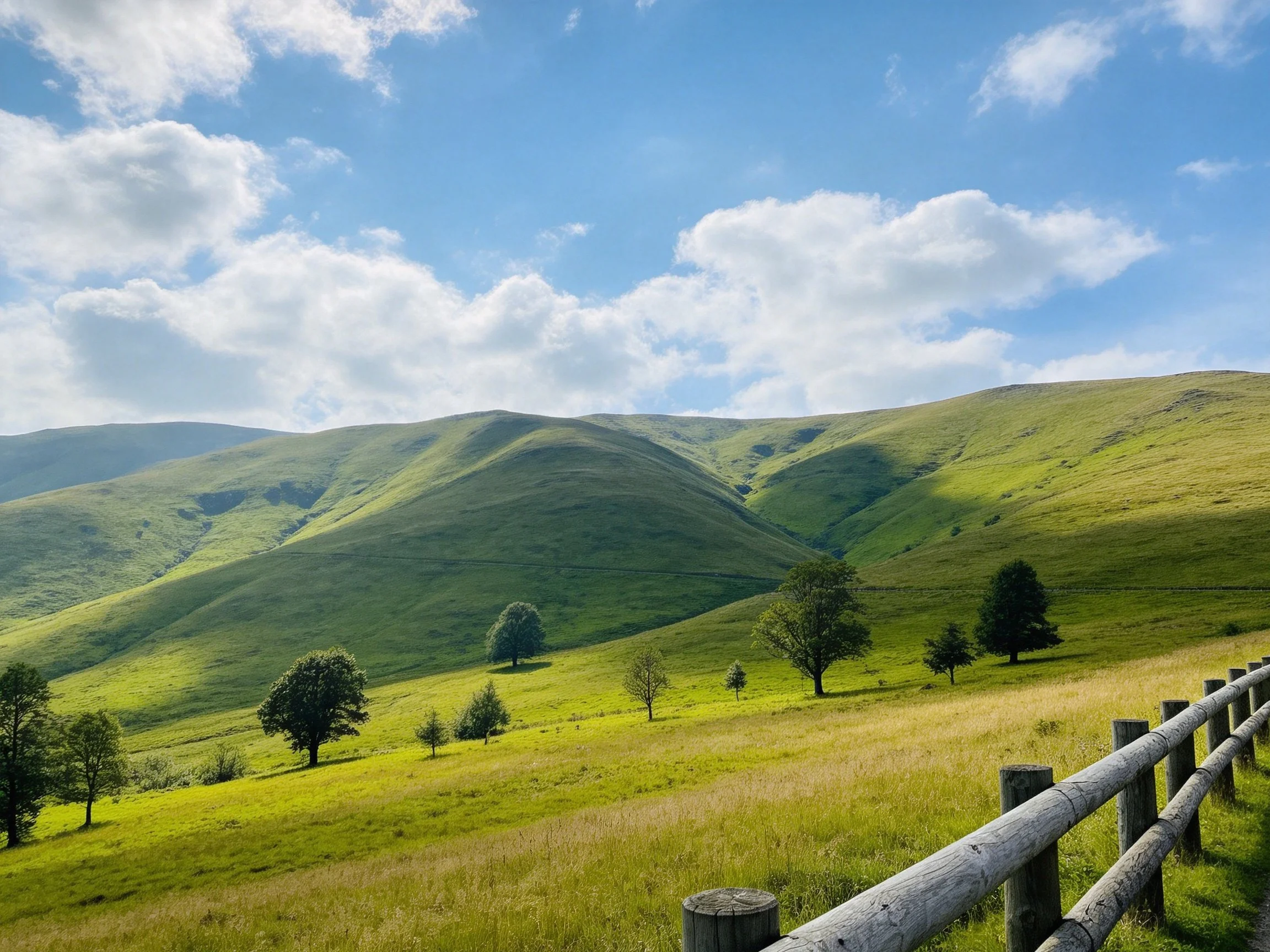 Rolling Green Hills, Scattered Trees, Wooden Fence Under Bright Sky