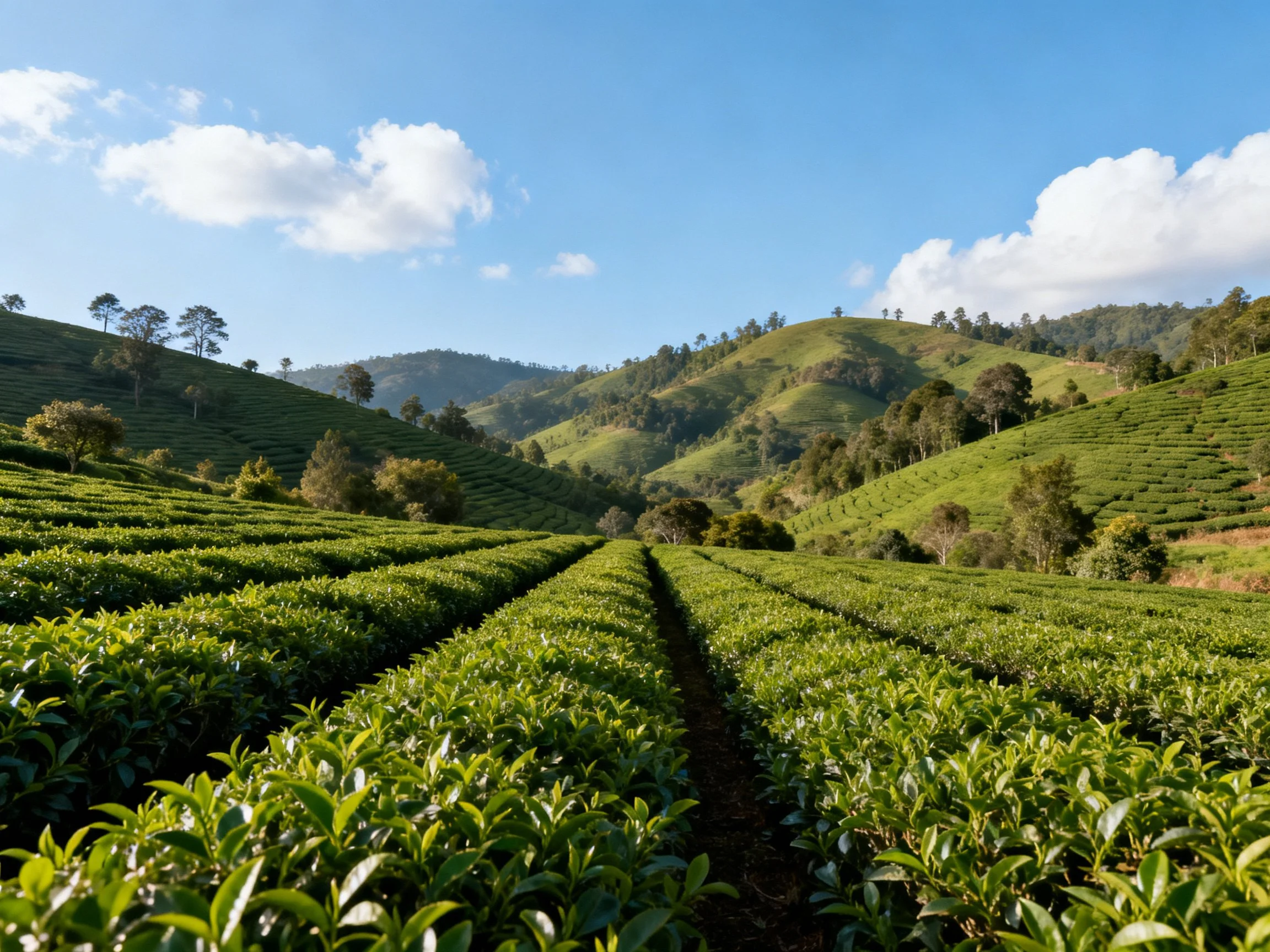 Rolling Green Tea Plantations Under Bright Blue Sky