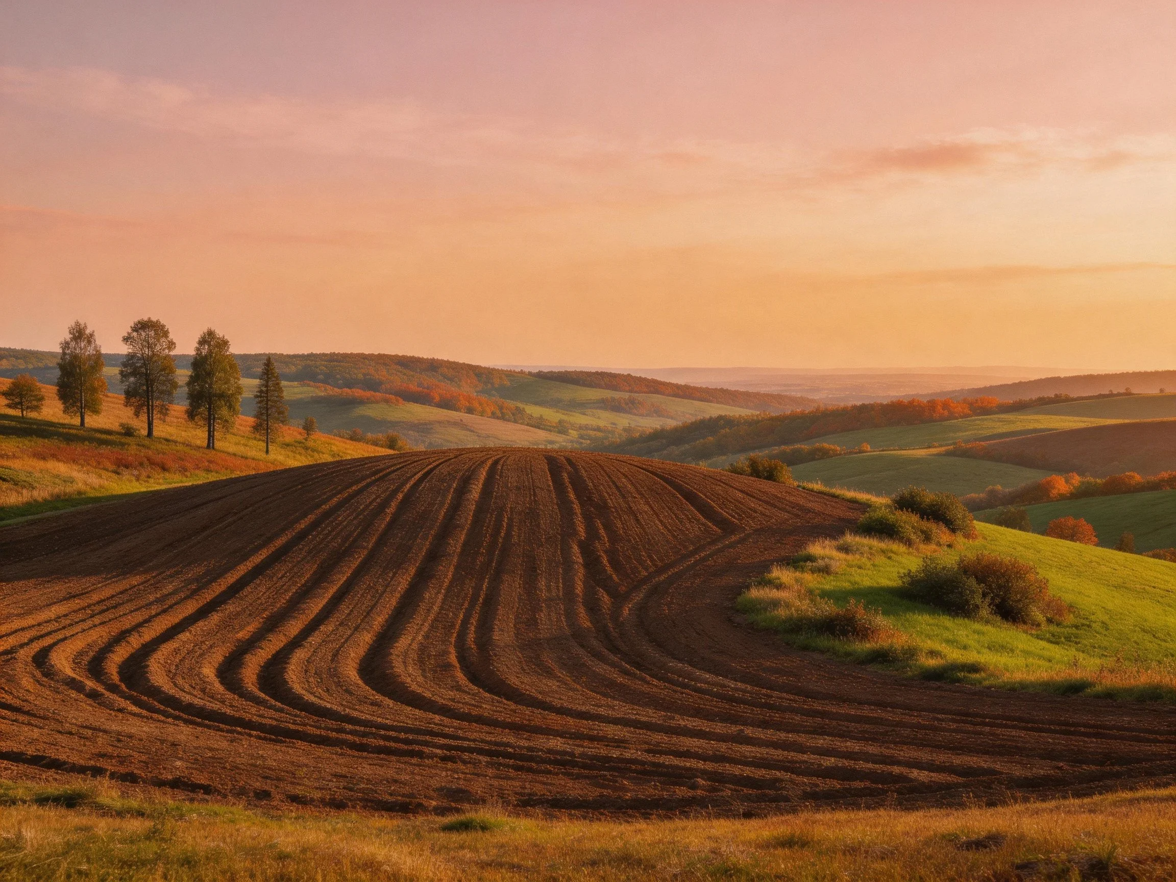 Rolling brown plowed fields beside green hills under warm sunset sky