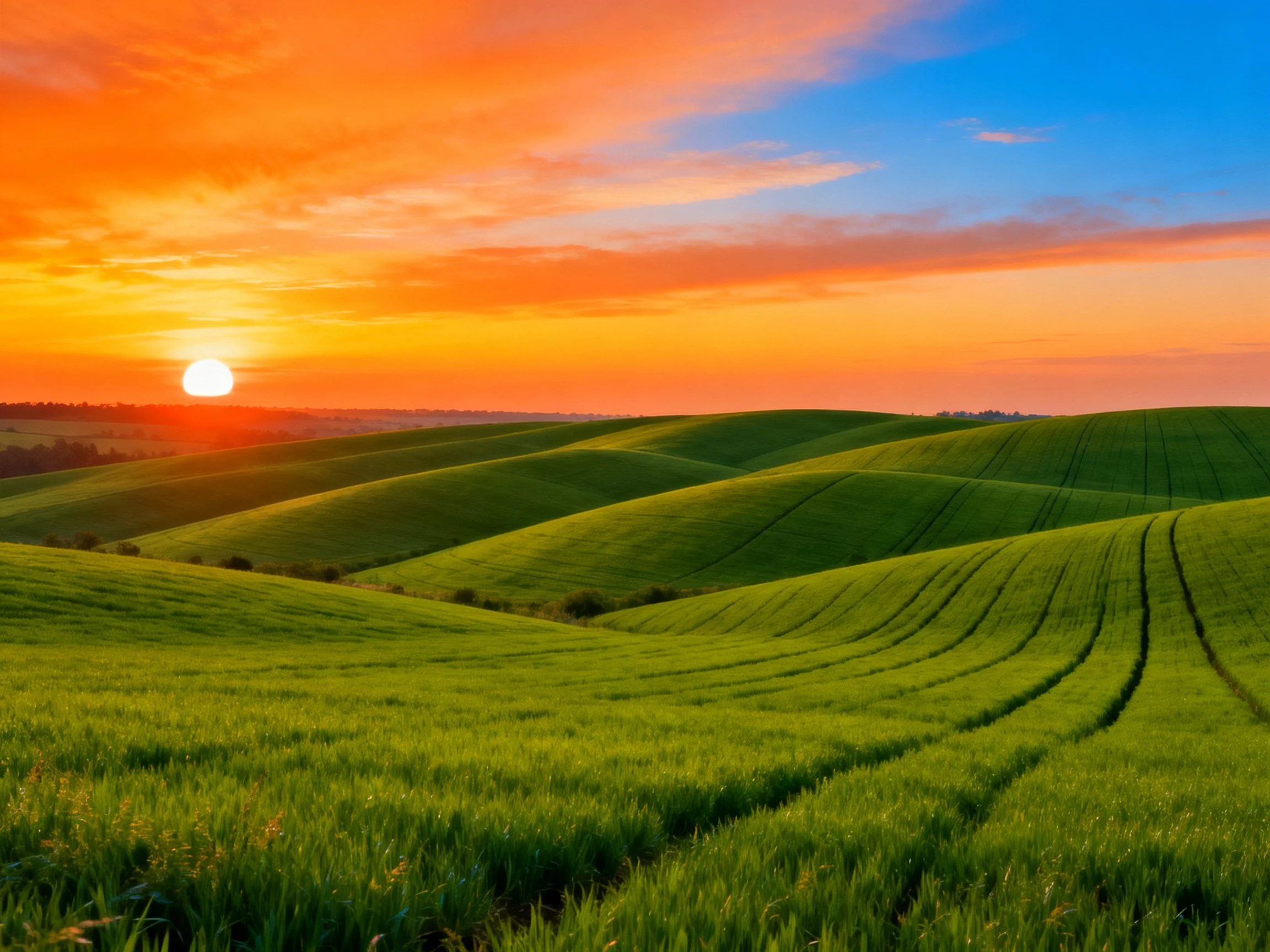 Rolling green fields beneath a vibrant sunset sky