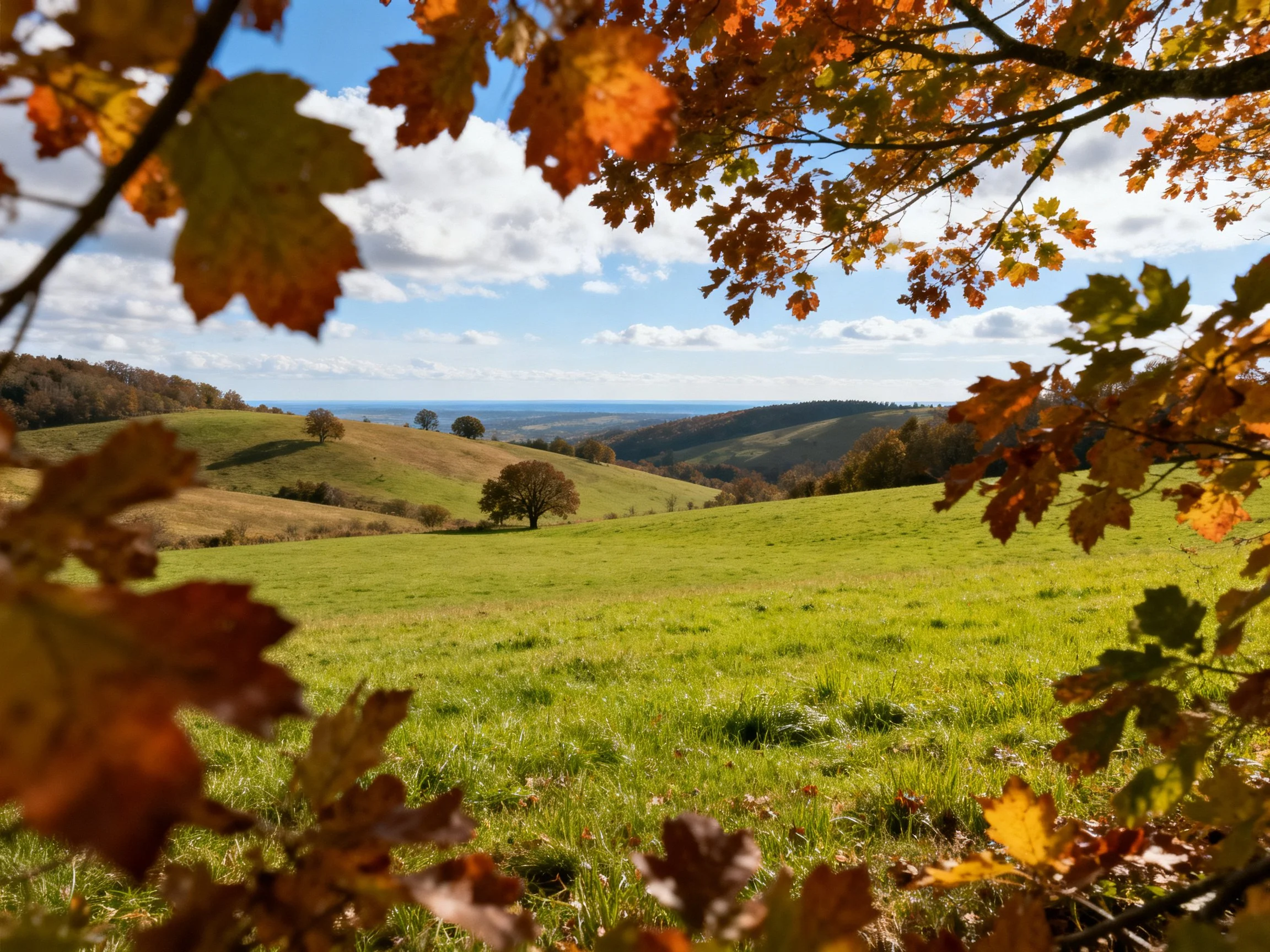 Rolling green fields with autumn foliage and clear sky