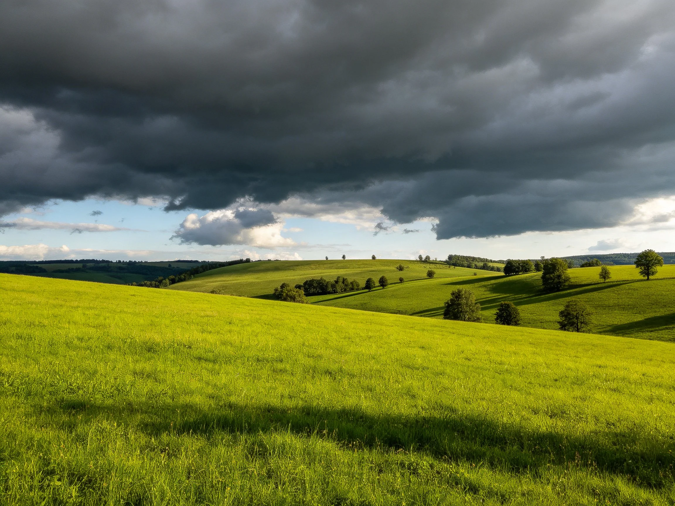 Rolling green hills beneath dramatic dark storm clouds